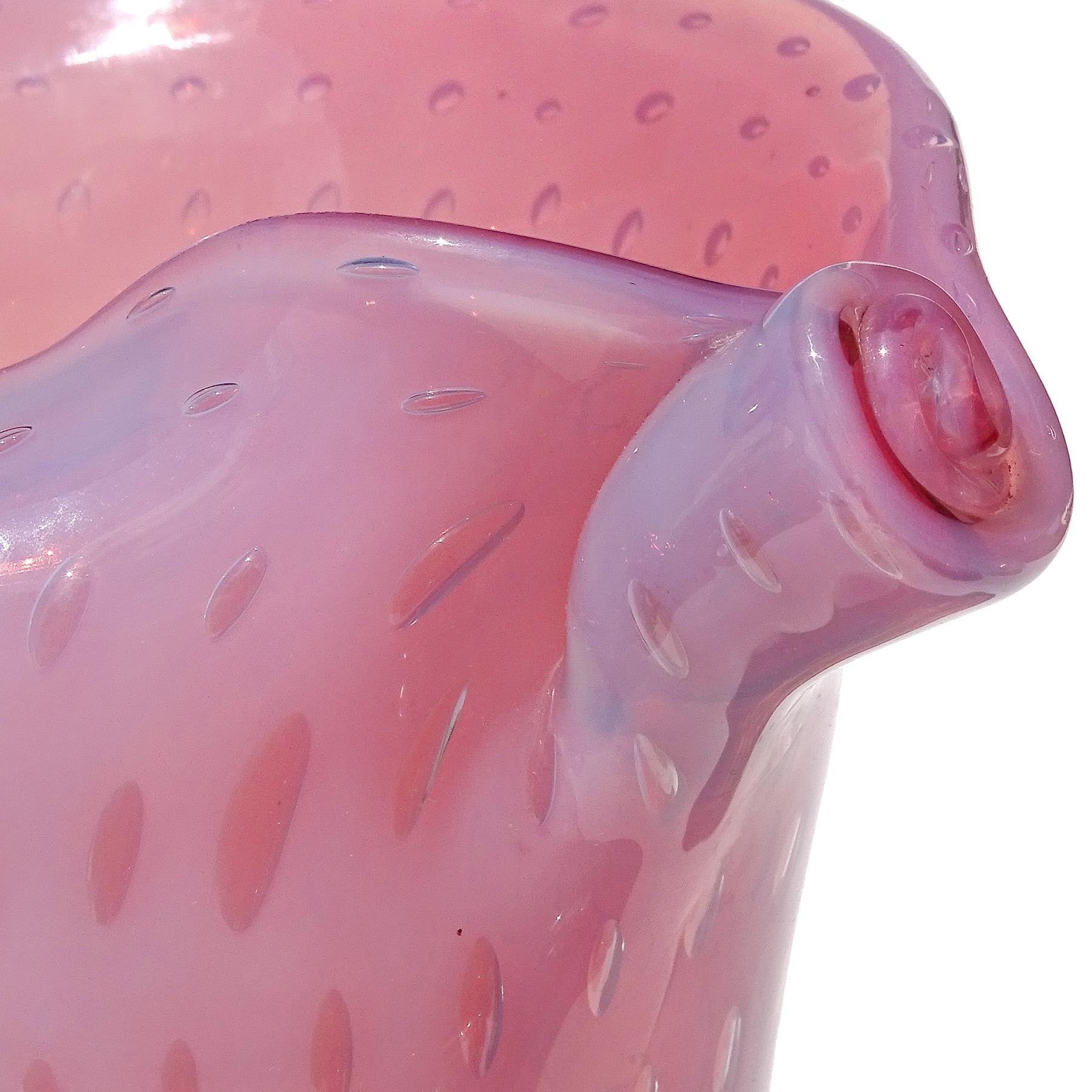 Fratelli Toso Murano Opal Pink Bubbles Italian Art Glass Scroll Top Flower Vase For Sale 3