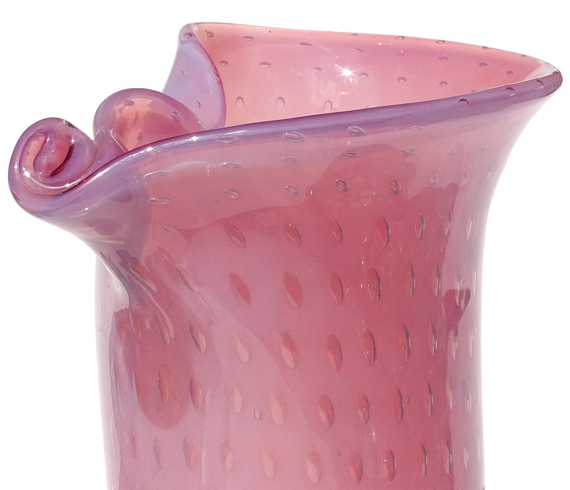 Fratelli Toso Murano Opal Pink Bubbles Italian Art Glass Scroll Top Flower Vase For Sale 3