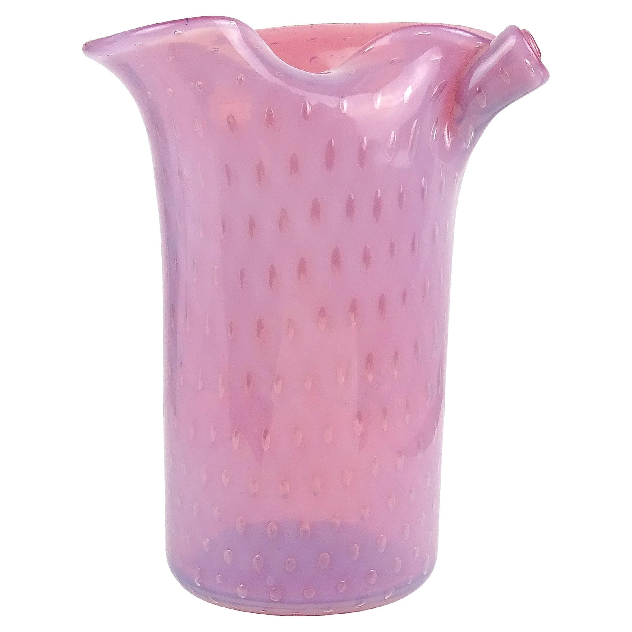 Fratelli Toso Murano Opal Pink Bubbles Italian Art Glass Scroll Top Flower Vase For Sale