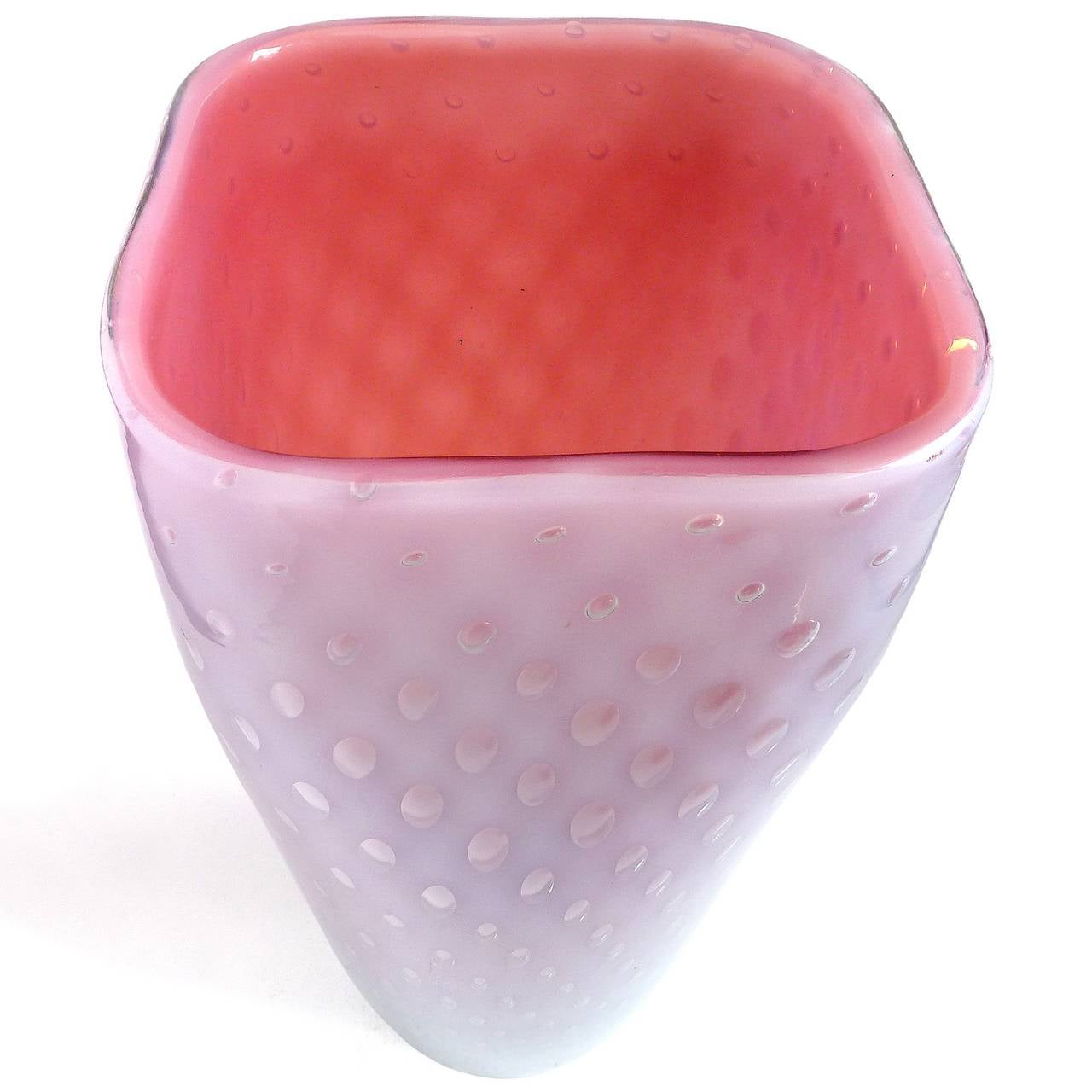 Mid-Century Modern Fratelli Toso Murano Opal Pink Controlled Bubbles Italian Art Glass Flower Vase