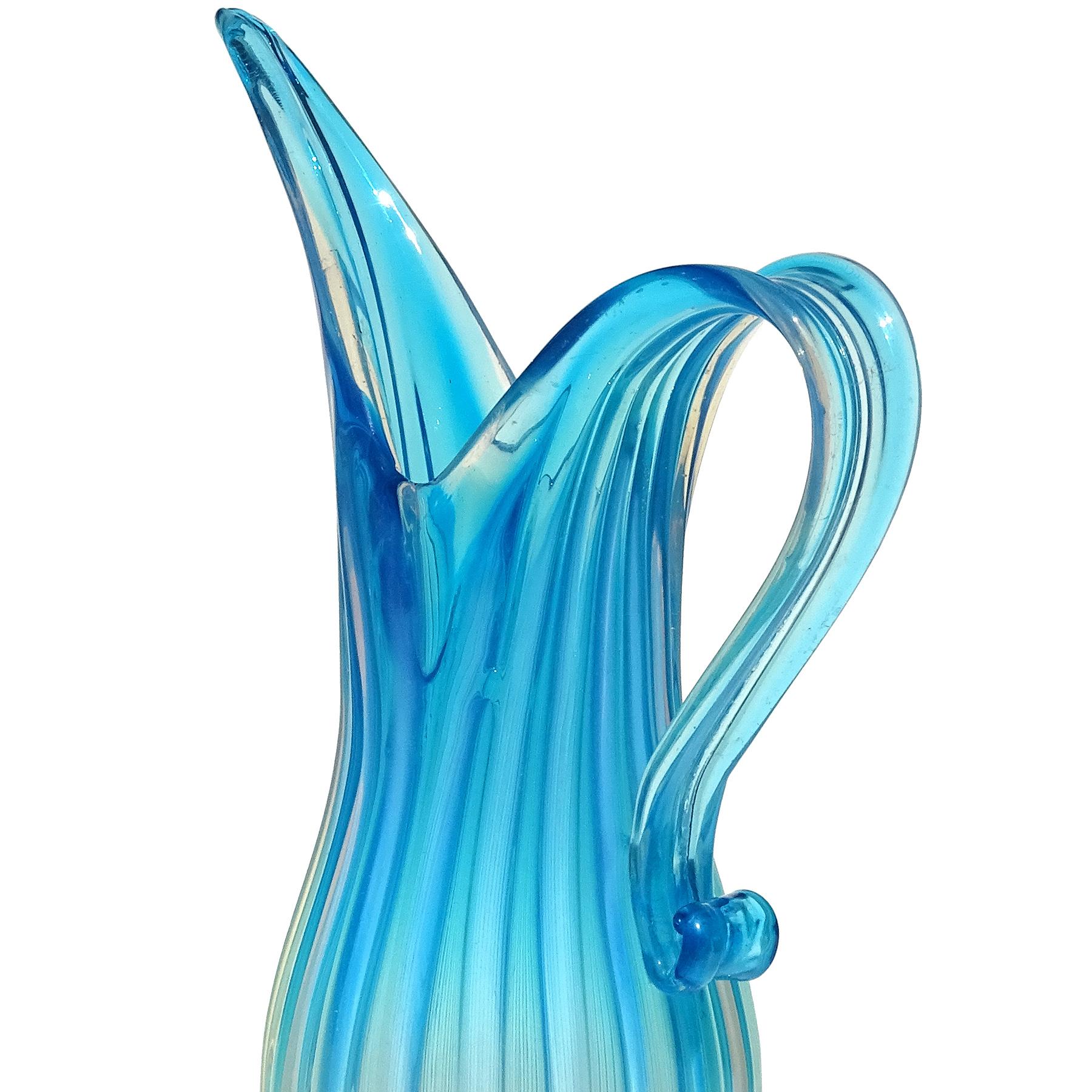 Mid-Century Modern Fratelli Toso Murano Opalescent Blue Fade Italian Ribbed Art Glass Pitcher Vase For Sale