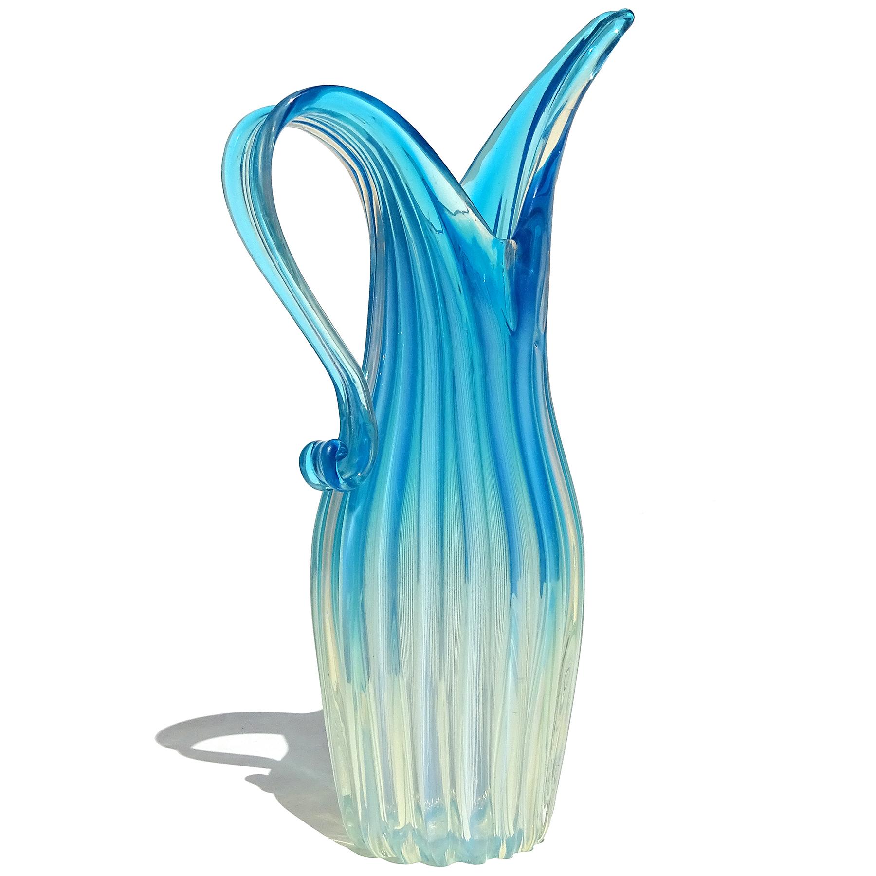 Hand-Crafted Fratelli Toso Murano Opalescent Blue Fade Italian Ribbed Art Glass Pitcher Vase For Sale