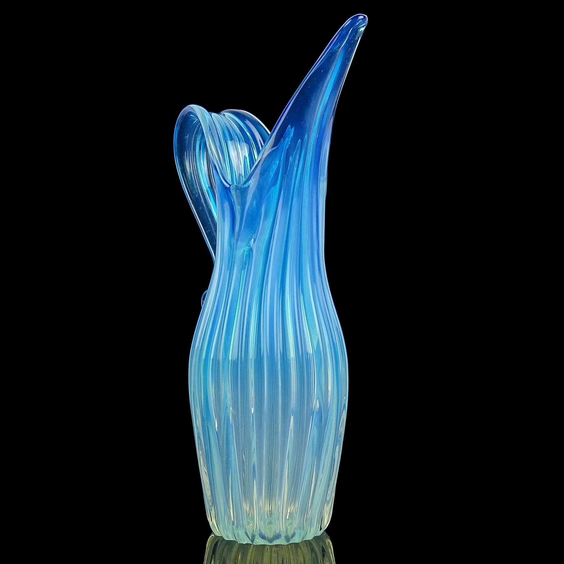 Fratelli Toso Murano Opalescent Blue Fade Italian Ribbed Art Glass Pitcher Vase In Good Condition For Sale In Kissimmee, FL