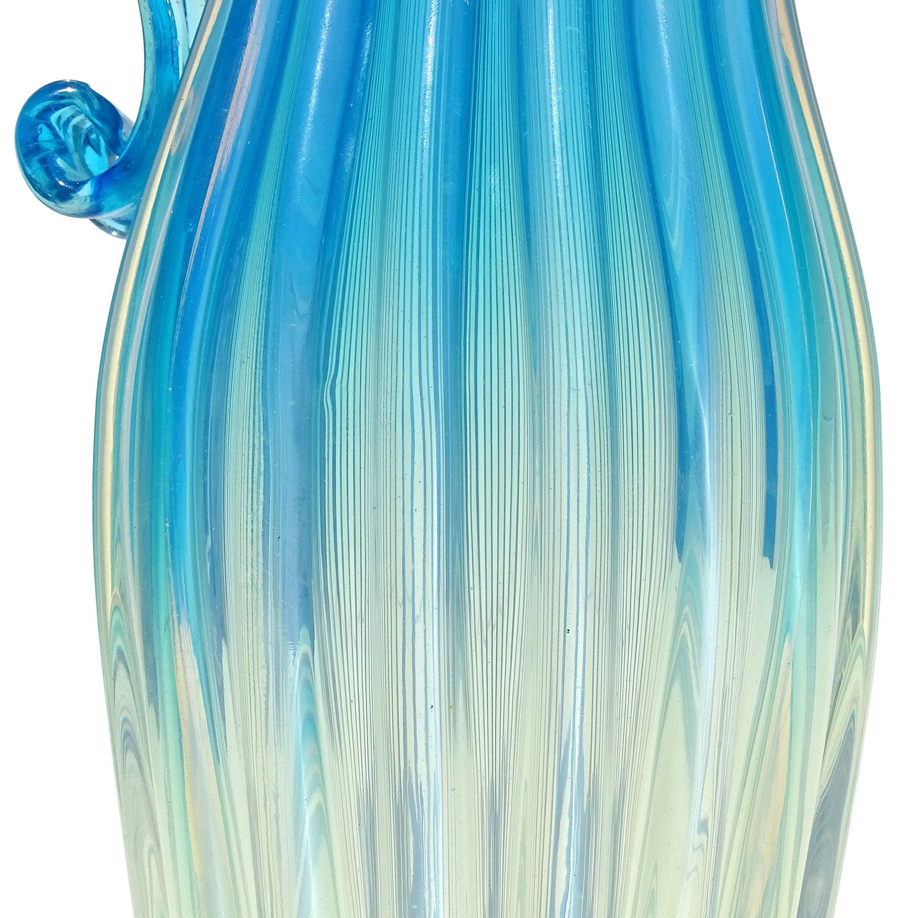 20th Century Fratelli Toso Murano Opalescent Blue Fade Italian Ribbed Art Glass Pitcher Vase For Sale