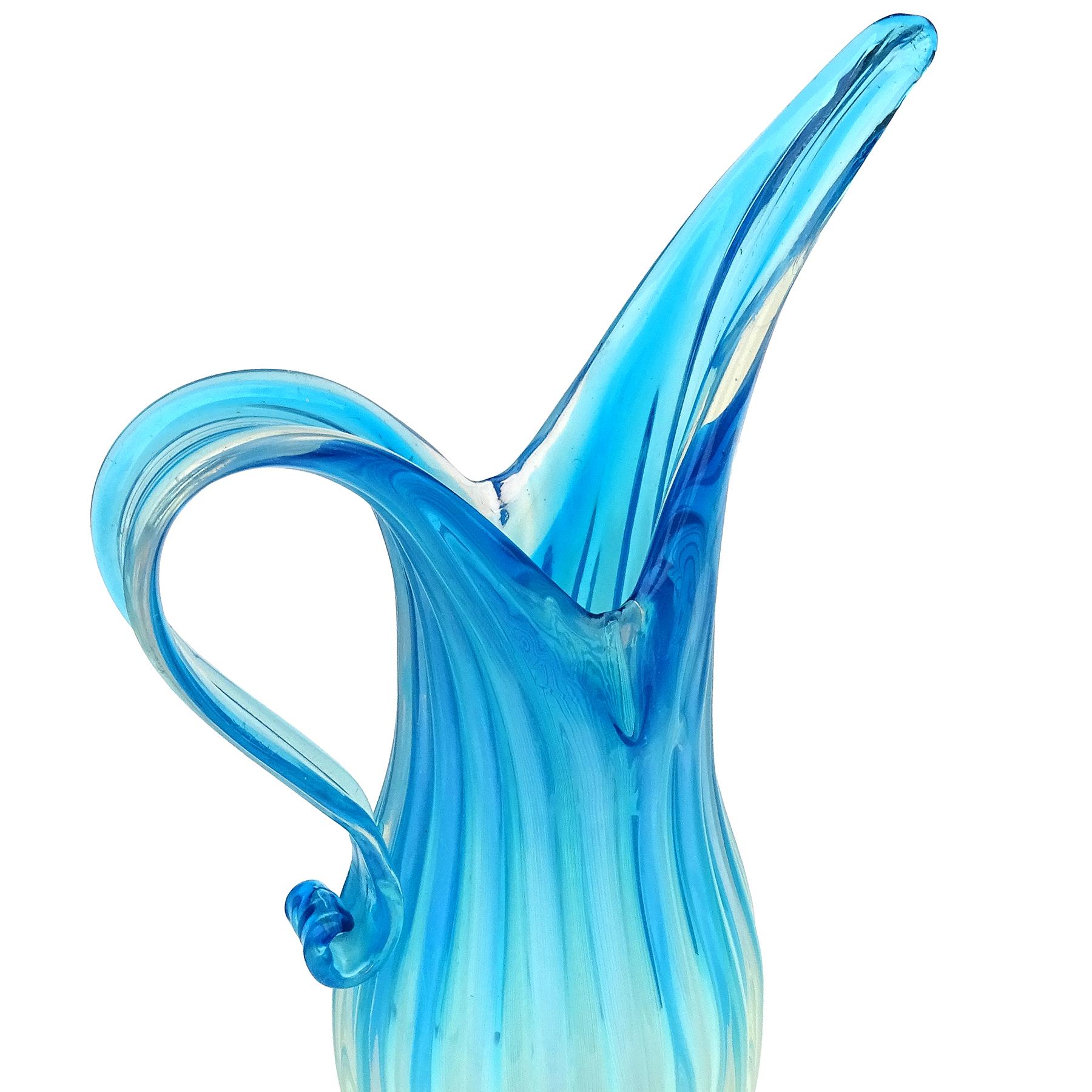 Fratelli Toso Murano Opalescent Blue Fade Italian Ribbed Art Glass Pitcher Vase For Sale 1
