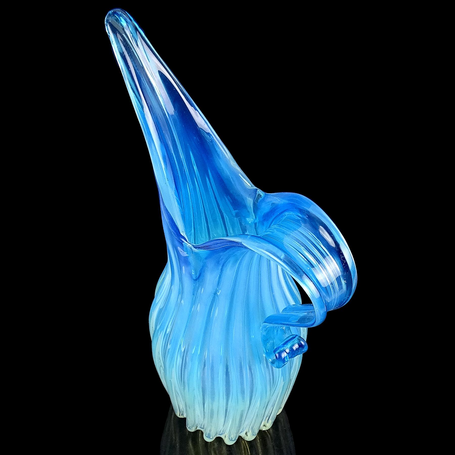 Fratelli Toso Murano Opalescent Blue Fade Italian Ribbed Art Glass Pitcher Vase For Sale 2
