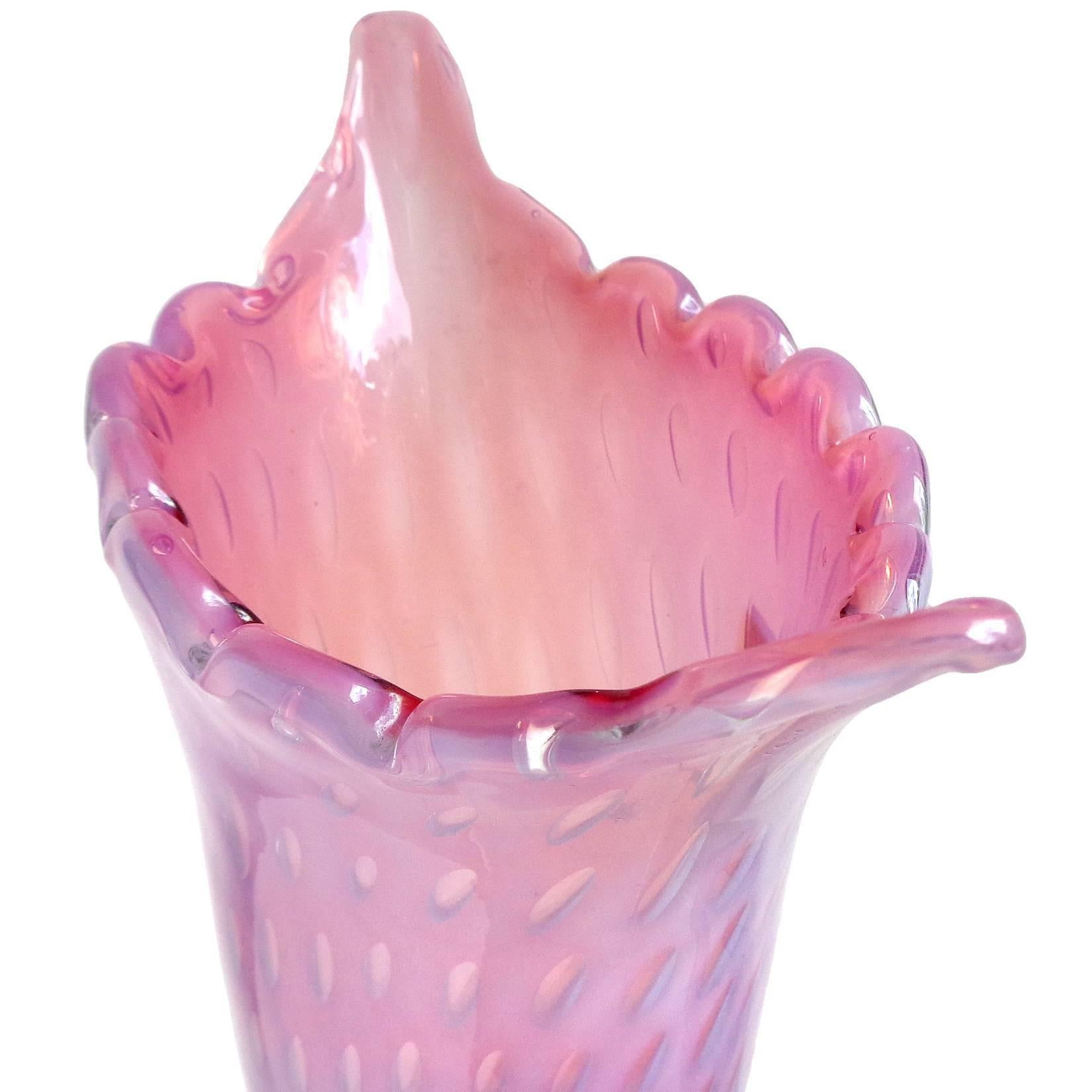 Beautiful vintage Murano hand blown opalescent pink and controlled bubbles Italian art glass flower vase. Documented to the Fratelli Toso company. The outside opal color of the vase changes depending on the light, from light pink, to a lavender /