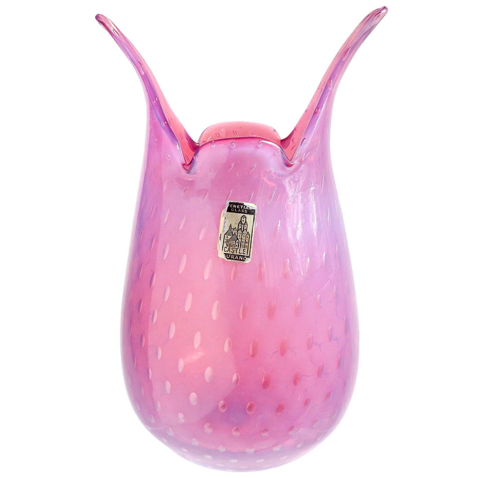 Fratelli Toso Murano Opalescent Pink Bubbles Italian Art Glass Flower Vase