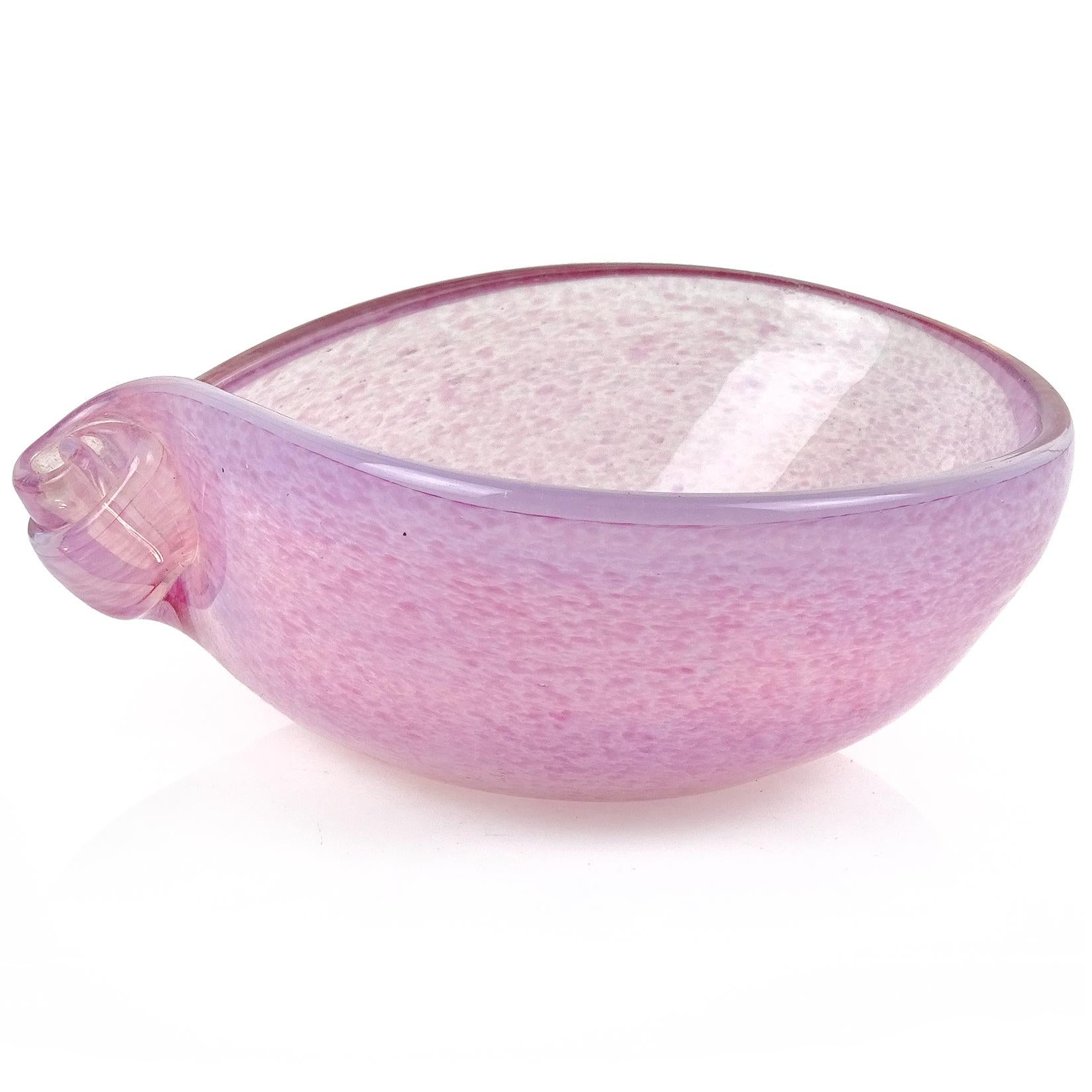 Beautiful Murano hand blown opalescent and pink spots Italian art glass seashell shape design bowl. Attributed to the Fratelli Toso Company. Has a scroll decoration on one end. The piece would make a great ring / jewelry dish. Measures 5 1/2” long x