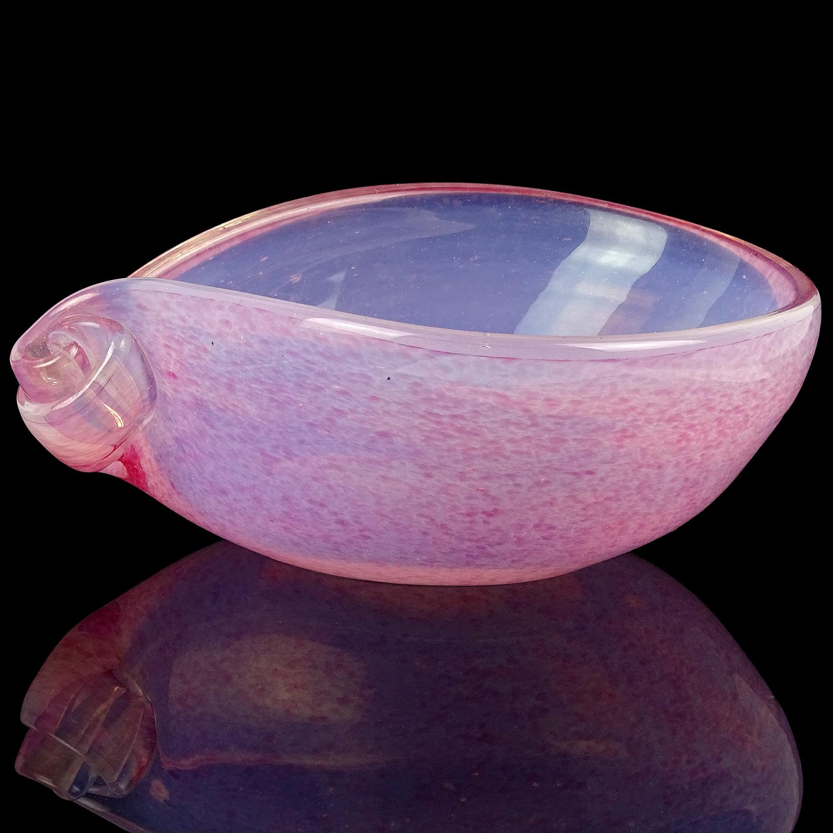 Mid-Century Modern Fratelli Toso Murano Opalescent Pink Spots Italian Art Glass Scroll Shell Bowl
