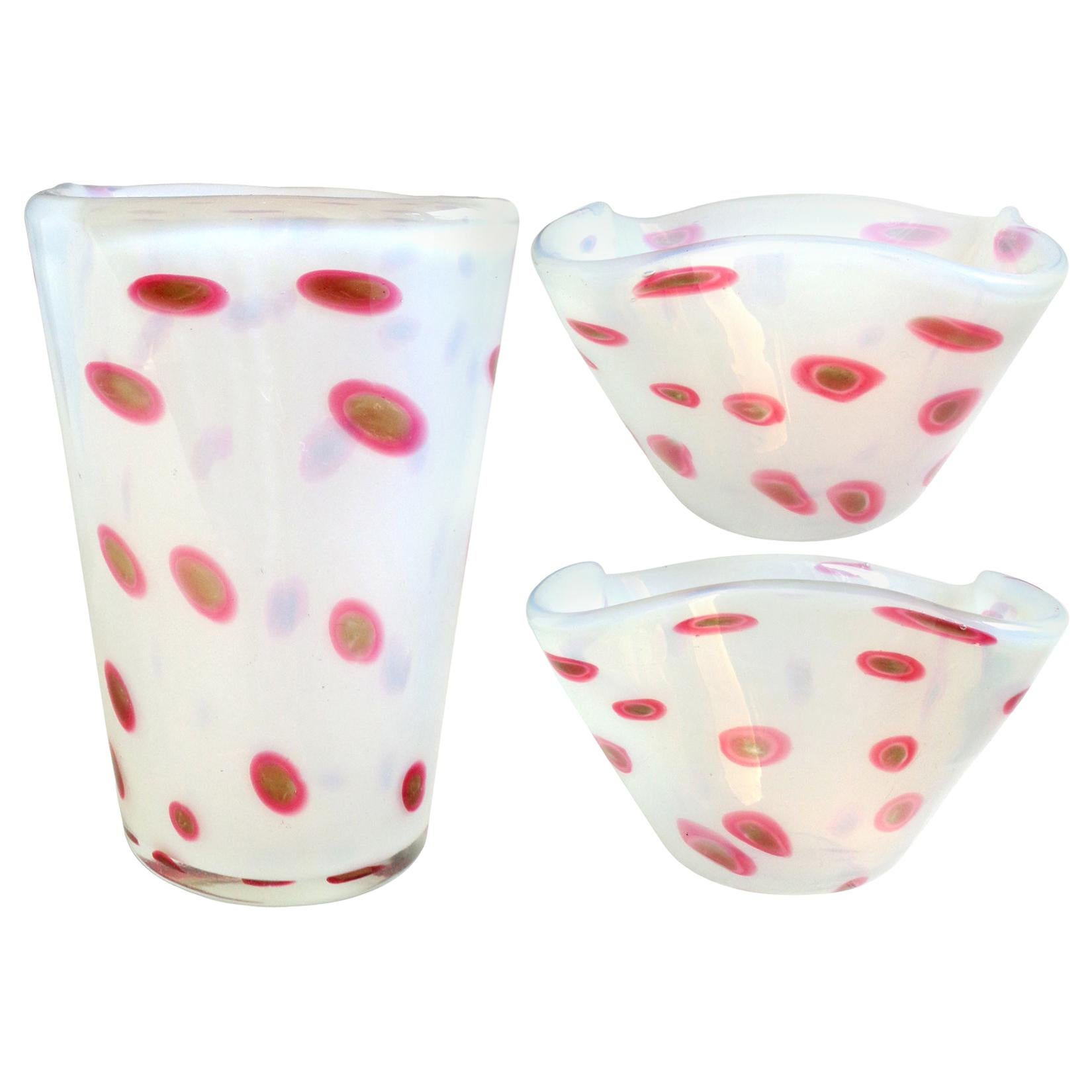 Fratelli Toso Murano Opalescent Pink Spots Italian Art Glass Vase Bowls Set