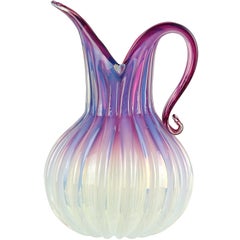 Vintage Fratelli Toso Murano Opalescent Purple Fade Italian Ribbed Art Glass Pitcher