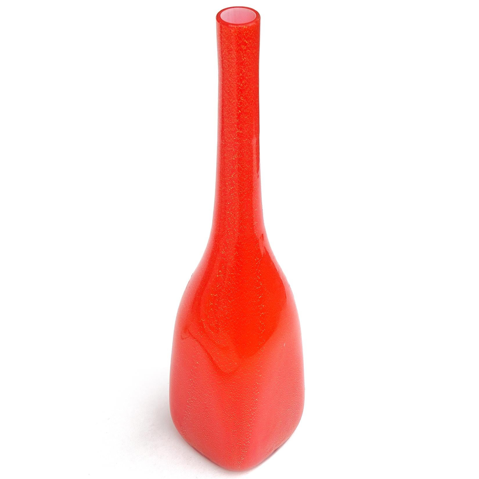 Hand-Crafted Fratelli Toso Murano Orange Gold Flecks Italian Art Glass Bottle Flower Vase For Sale