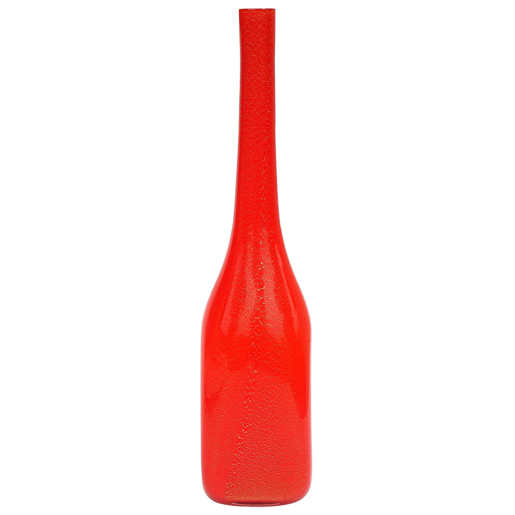 Fratelli Toso Florero de Murano con Botella de Vidrio de Arte Italiano Naranja y Motas Doradas
