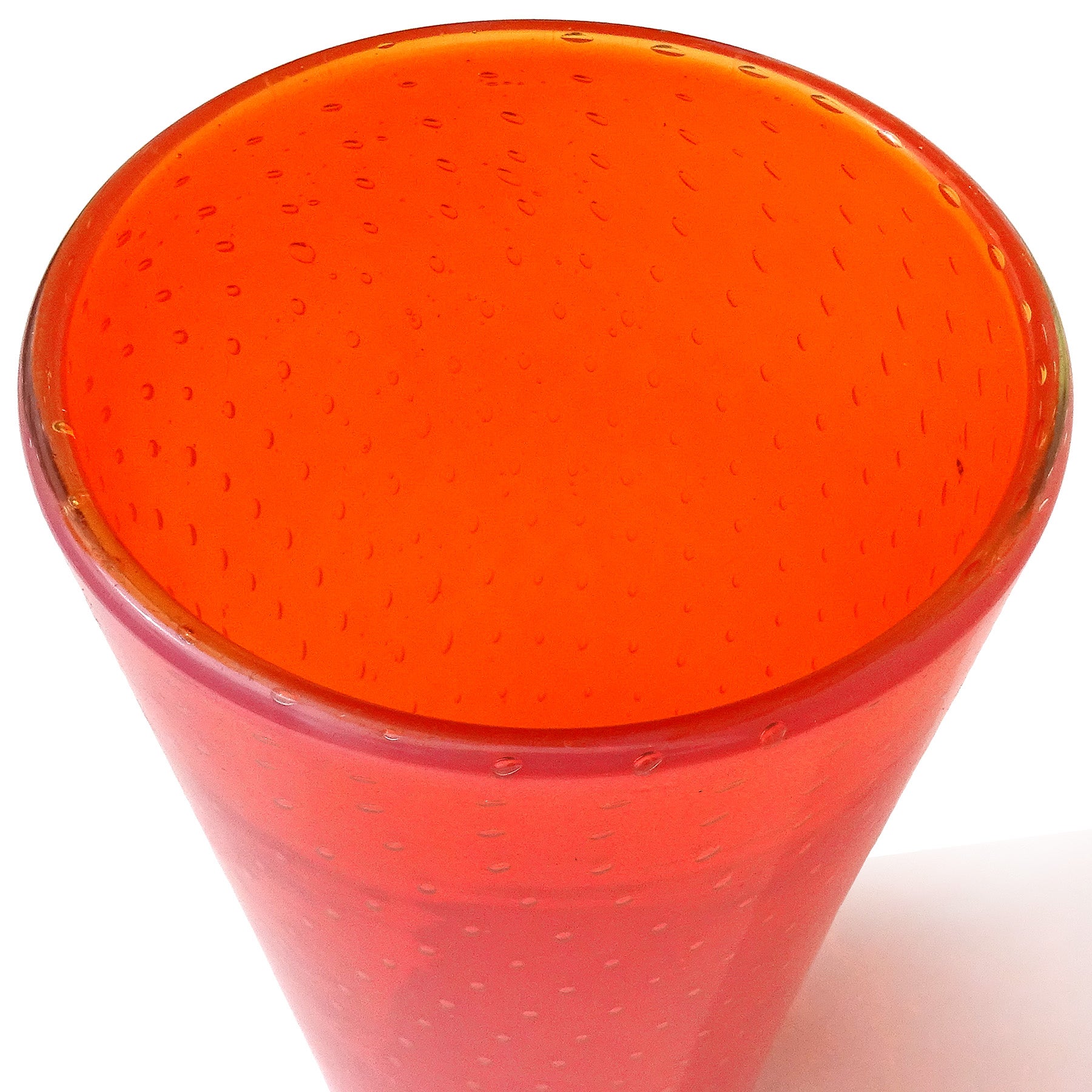 Hand-Crafted Fratelli Toso Murano Orange Opalescent Italian Art Glass Bullicante Flower Vase For Sale