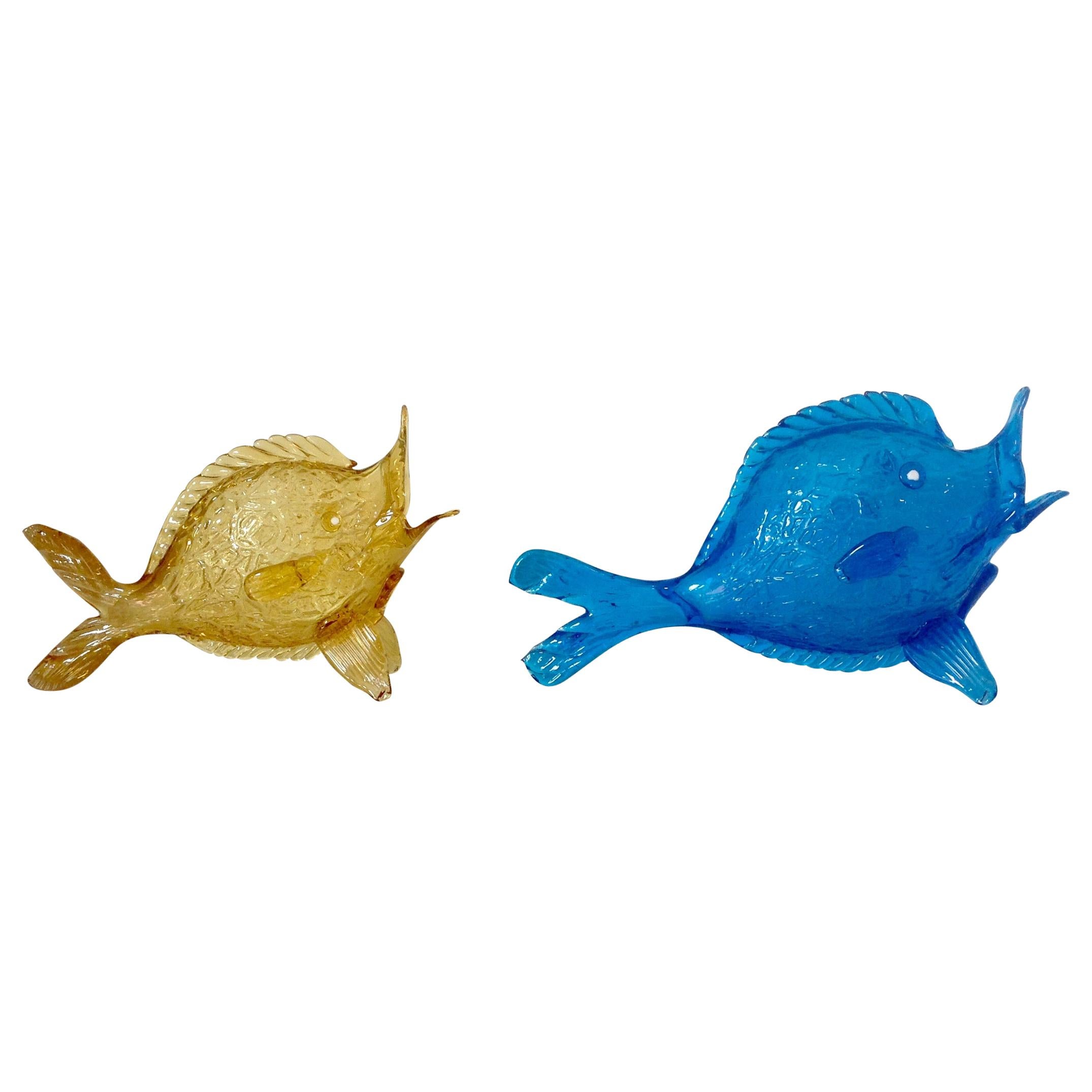Fratelli Toso Murano Pair of 1930s Fish Sculptures in Blue and Yellow For Sale