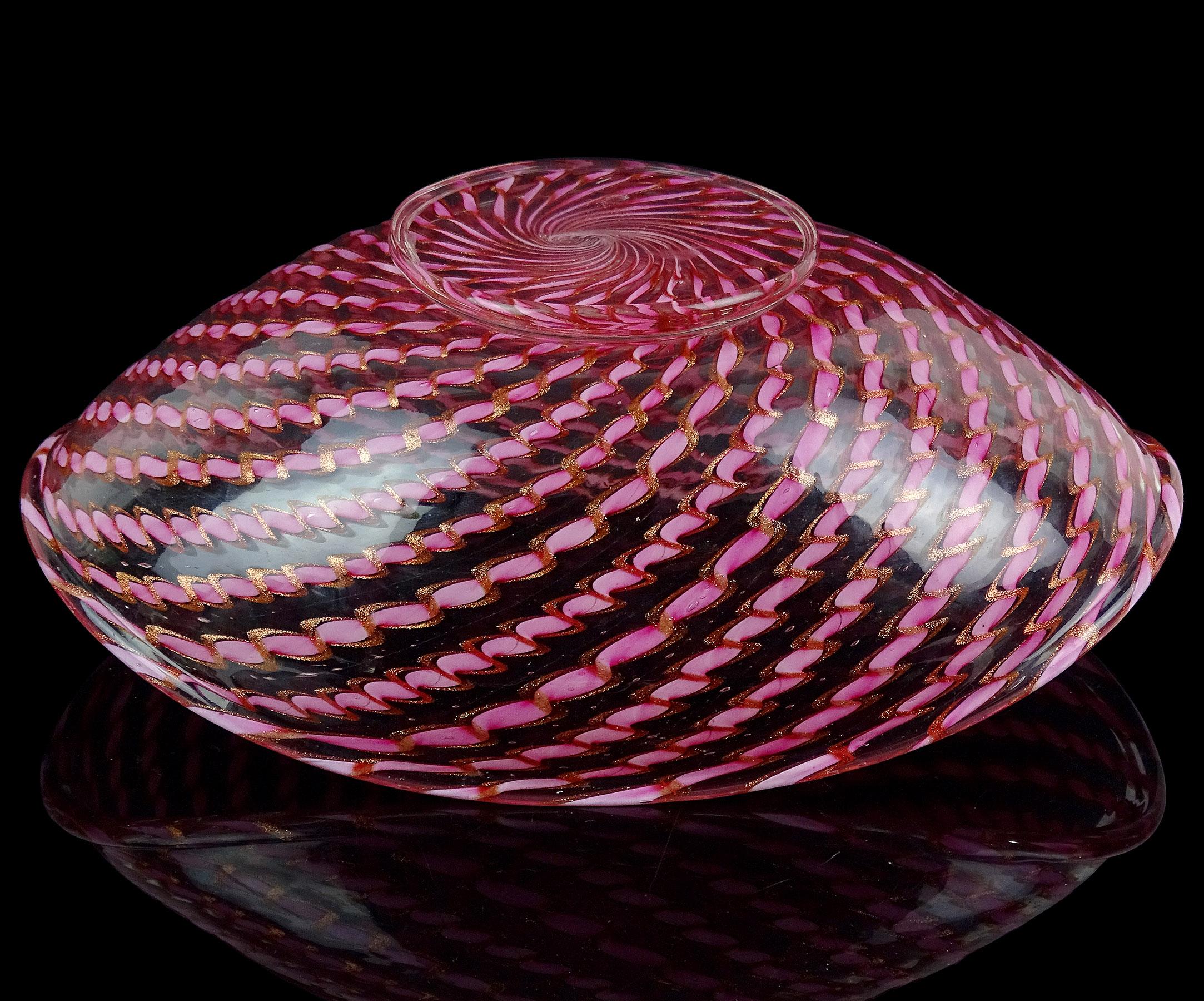 Fratelli Toso Murano Pink Aventurine Ribbons Italian Art Glass Centerpiece Bowl For Sale 5