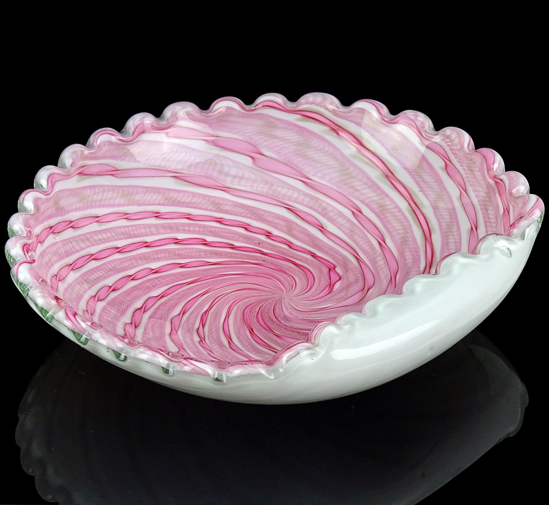 Hand-Crafted Fratelli Toso Murano Pink Aventurine Ribbons Italian Art Glass Centerpiece Bowl