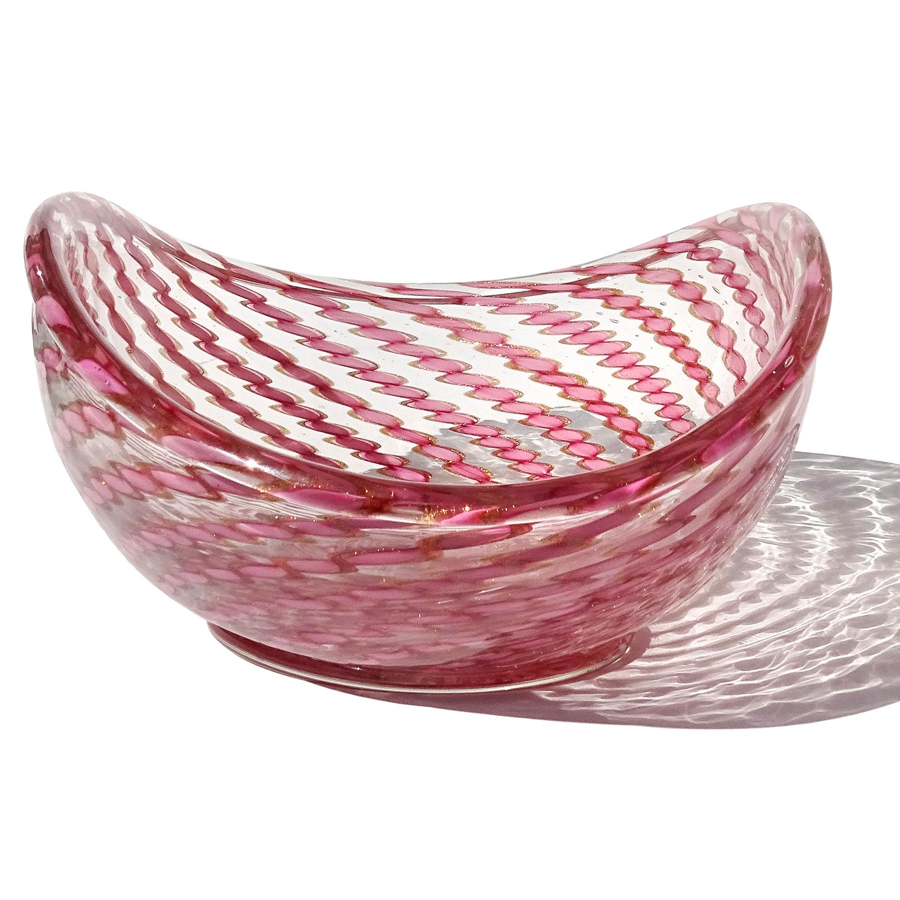 20th Century Fratelli Toso Murano Pink Aventurine Ribbons Italian Art Glass Centerpiece Bowl For Sale