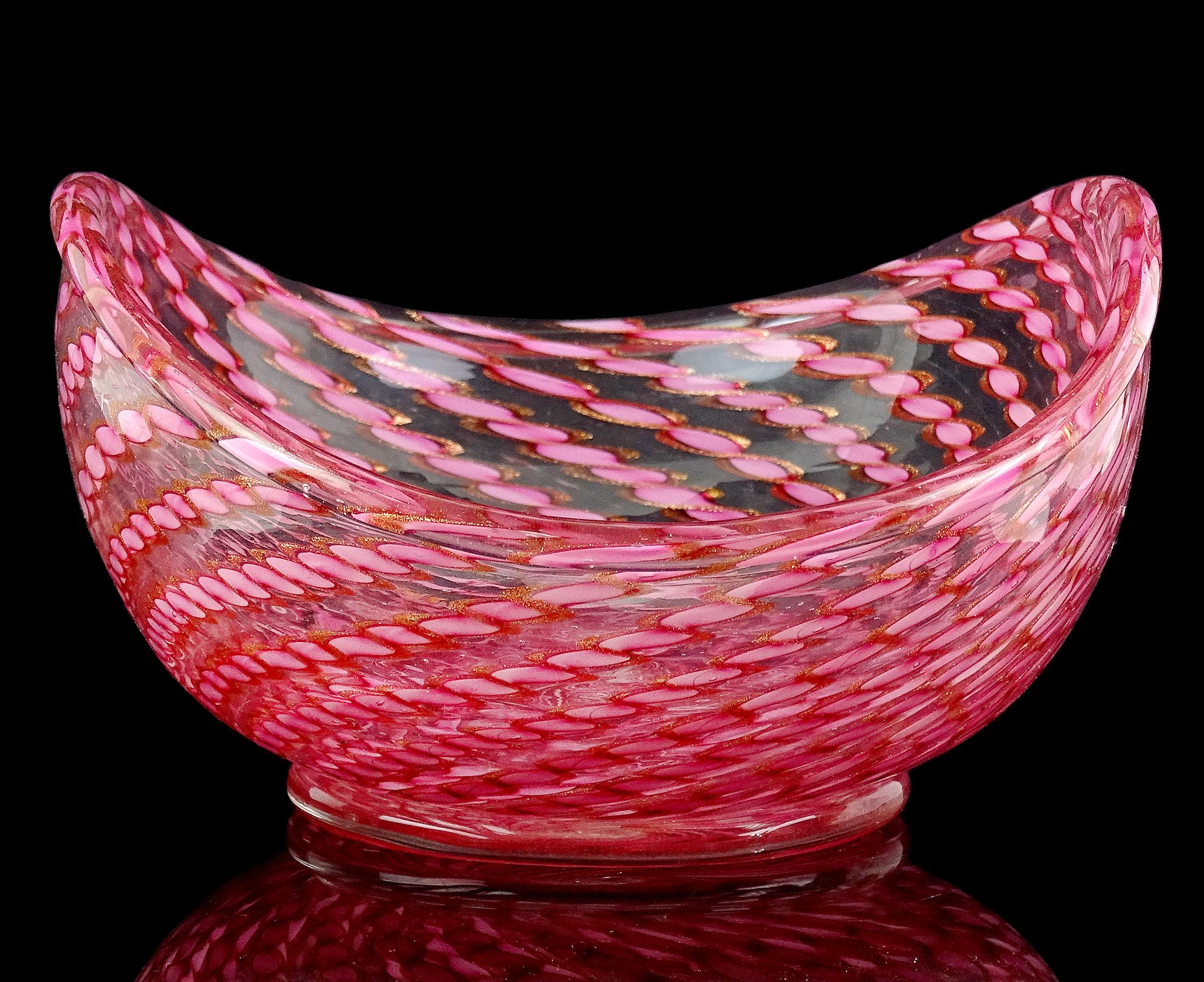 Sommerso Fratelli Toso Murano Pink Aventurine Ribbons Italian Art Glass Centerpiece Bowl For Sale