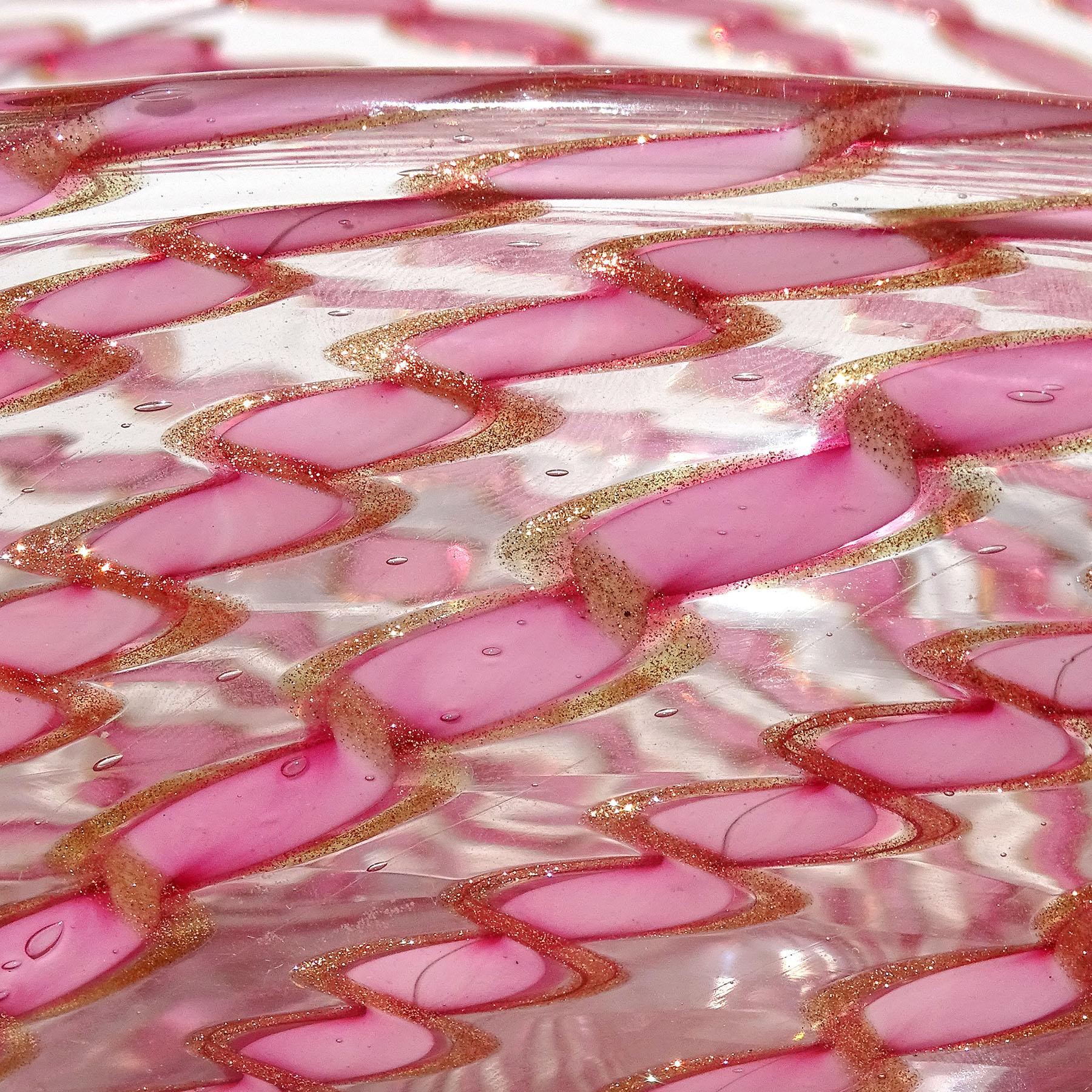 Bol de centre de table en verre d'art italien à rubans d'aventurine rose de Murano de Fratelli Toso en vente 1