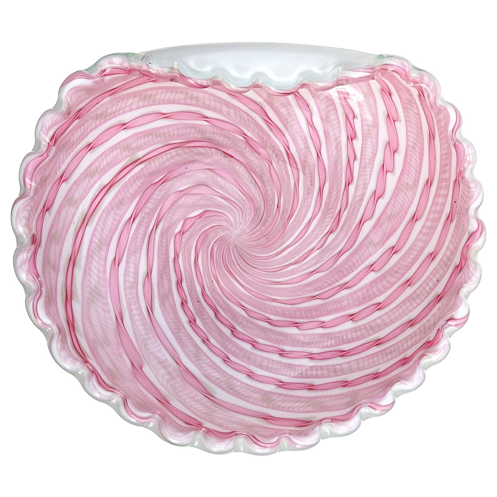 Fratelli Toso Murano Pink Aventurine Ribbons Italian Art Glass Centerpiece Bowl