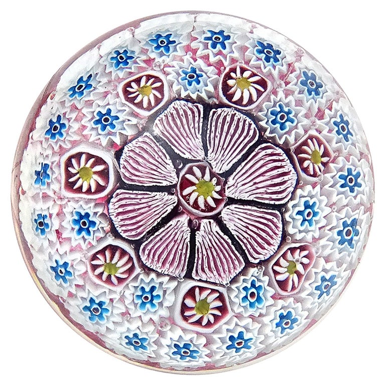 Mid-Century Modern Fratelli Toso Murano Pink Blue Mosaic Flowers Italian Art Glass Paperweight