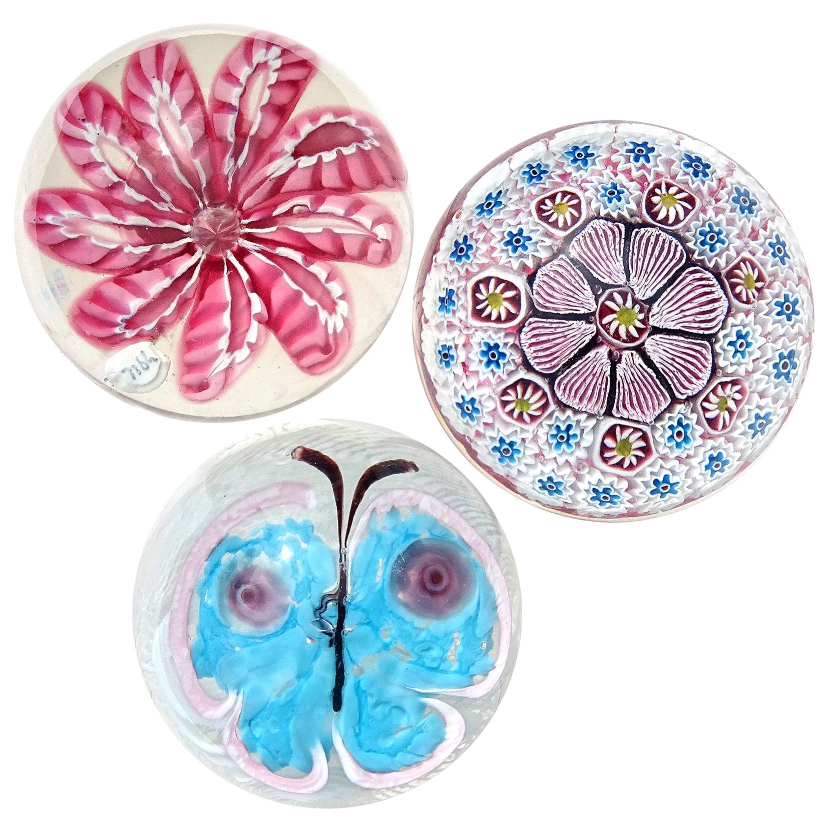 Fratelli Toso Murano Pink Blue Butterfly Flowers Italian Art Glass Paperweights