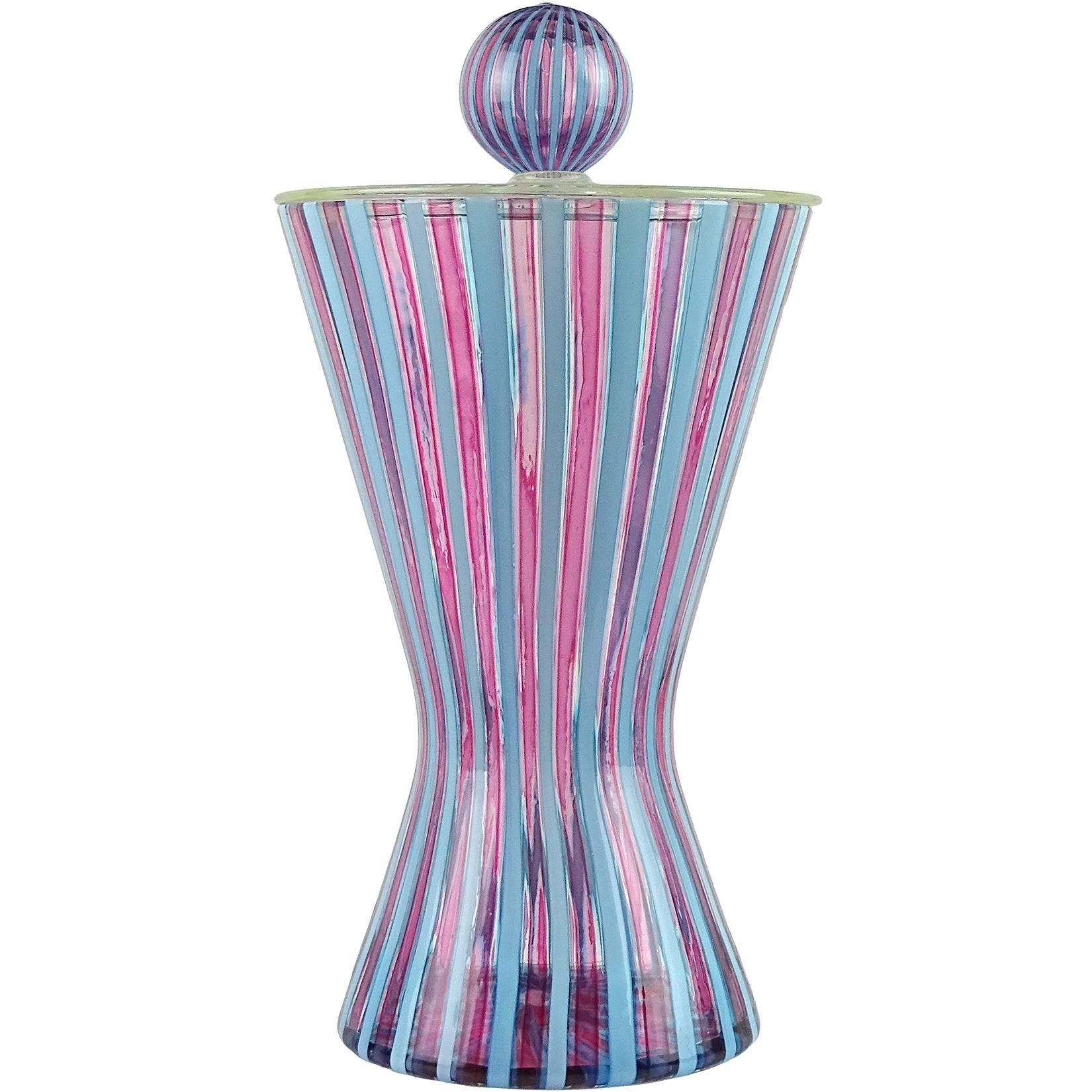Fratelli Toso Murano Pink Blue Filigrana Italian Art Glass Hourglass Container