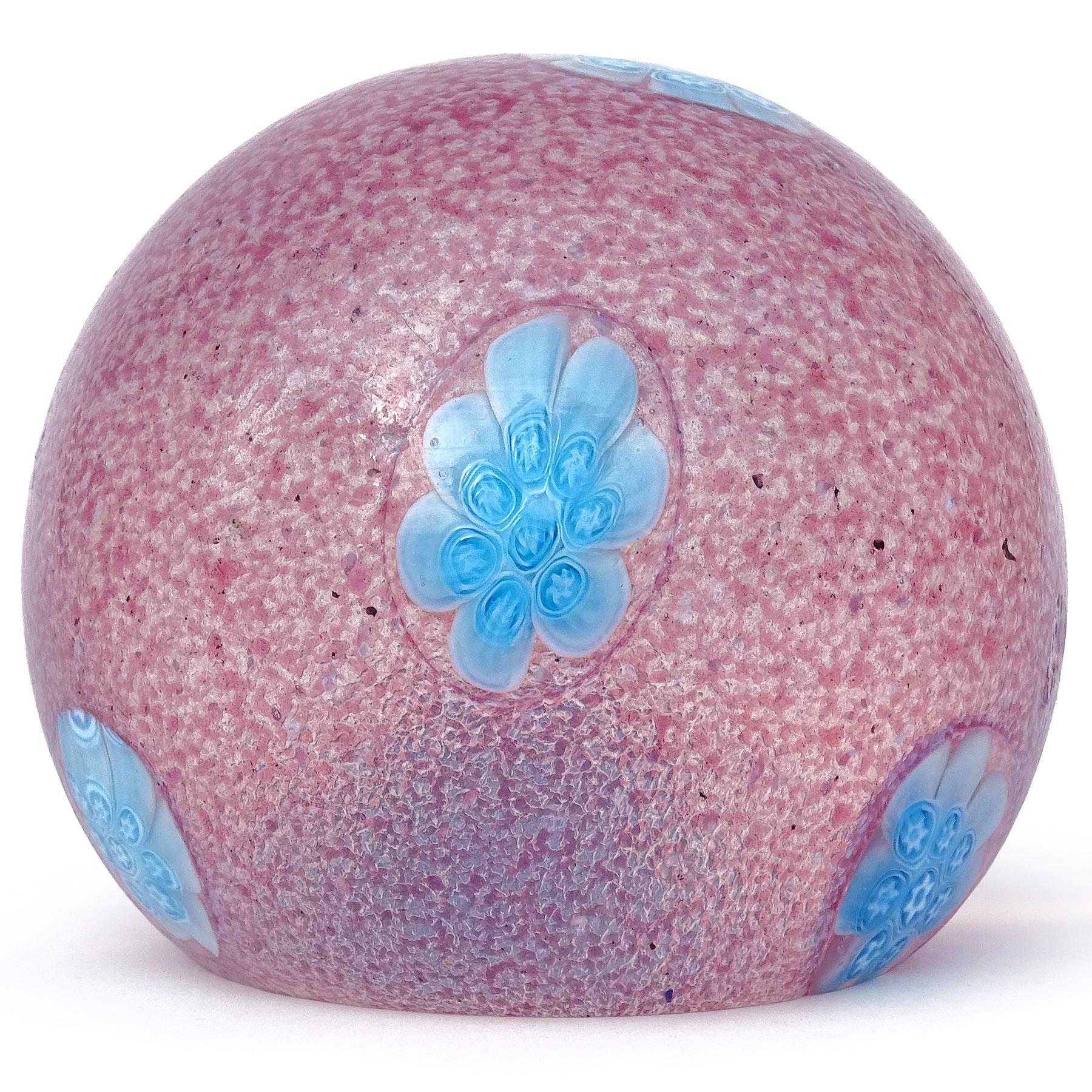 Beautiful vintage Murano hand blown pink mini spots and blue with white stars millefiori flower murrines Italian art glass paperweight. Documented to the Fratelli Toso company. The surface does not have any clear glass overlay, so you can feel the