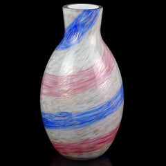 Fratelli Toso Murano Pink Blue Stripes Aventurine Italian Art Glass Flower Vase