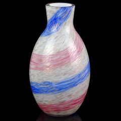 Florero de cristal artístico italiano Fratelli Toso Murano Rosa Azul Rayas Aventurina