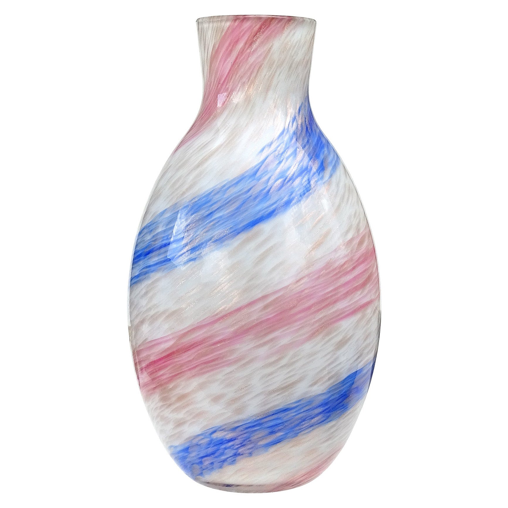 Vaso da fiori in vetro artistico italiano di Murano a righe blu e rosa di Fratelli Toso in vendita