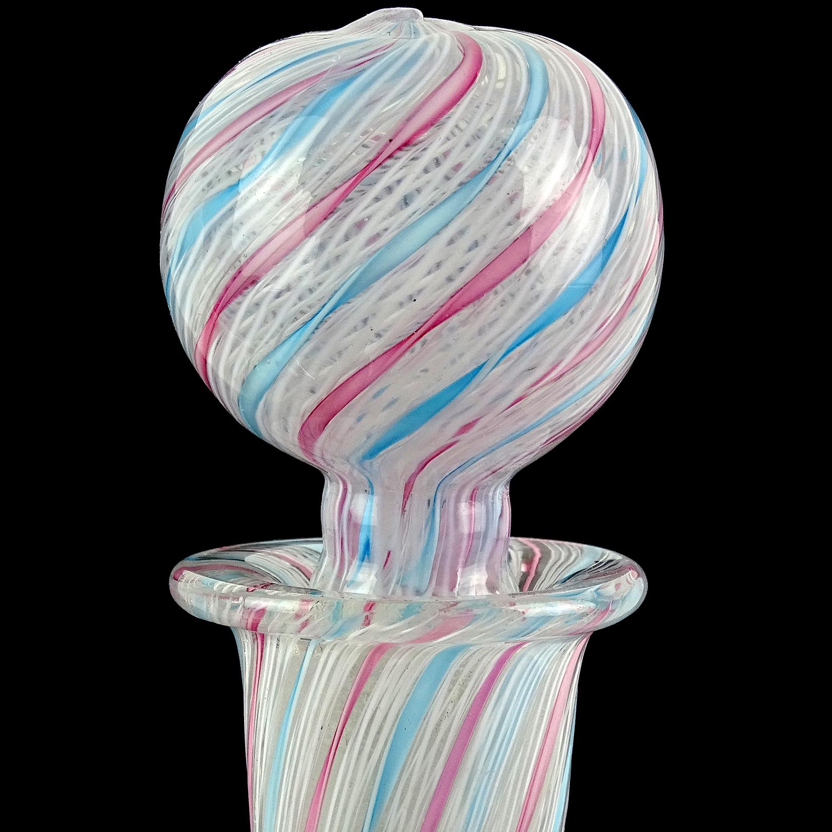 Mid-Century Modern Fratelli Toso Murano Pink Blue White Ribbon Vintage Italian Art Glass Decanter For Sale