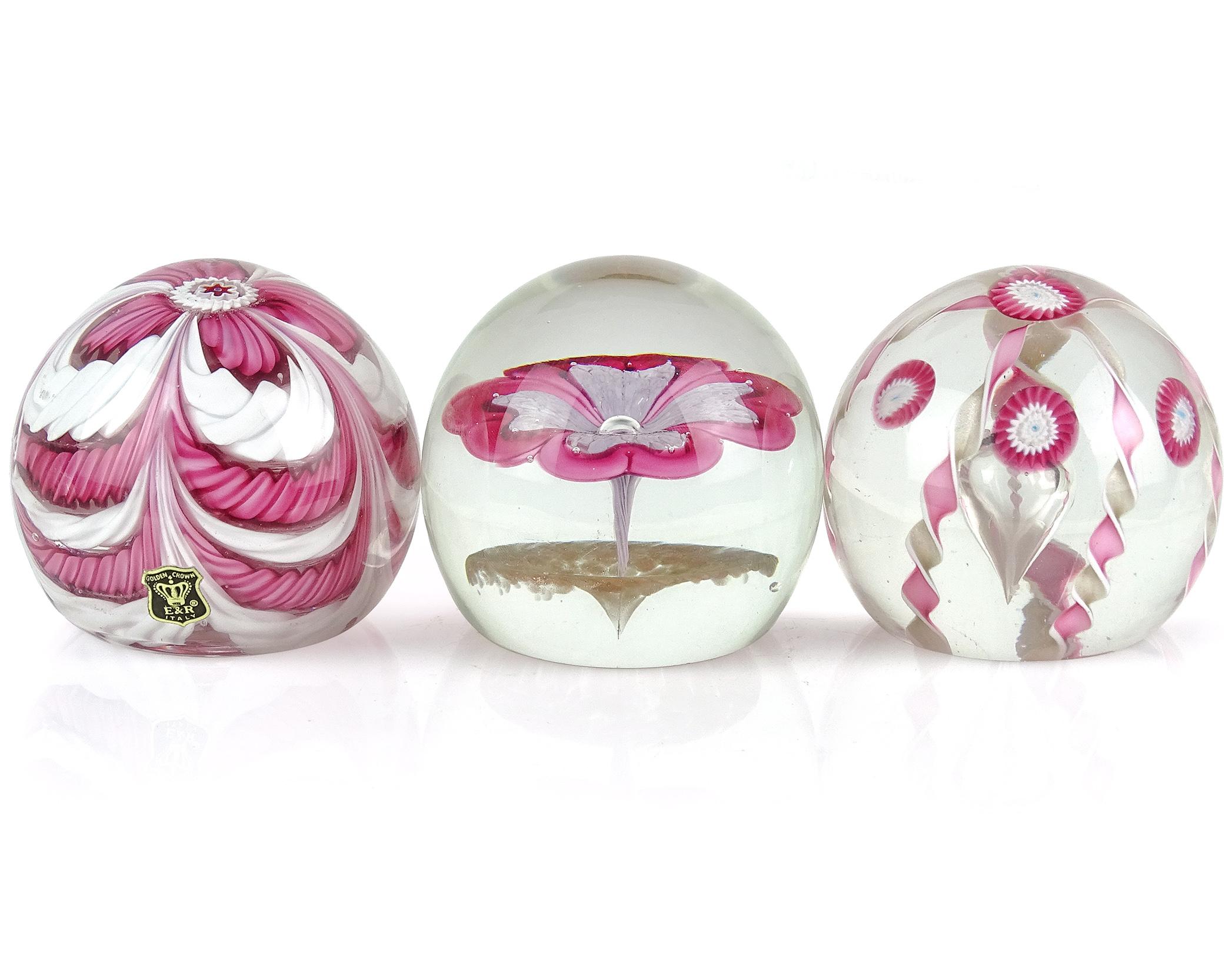Priced per item (3 available, as shown). Beautiful Murano hand blown Italian art glass paperweights. Documented to the Fratelli Toso company. The first is a 
