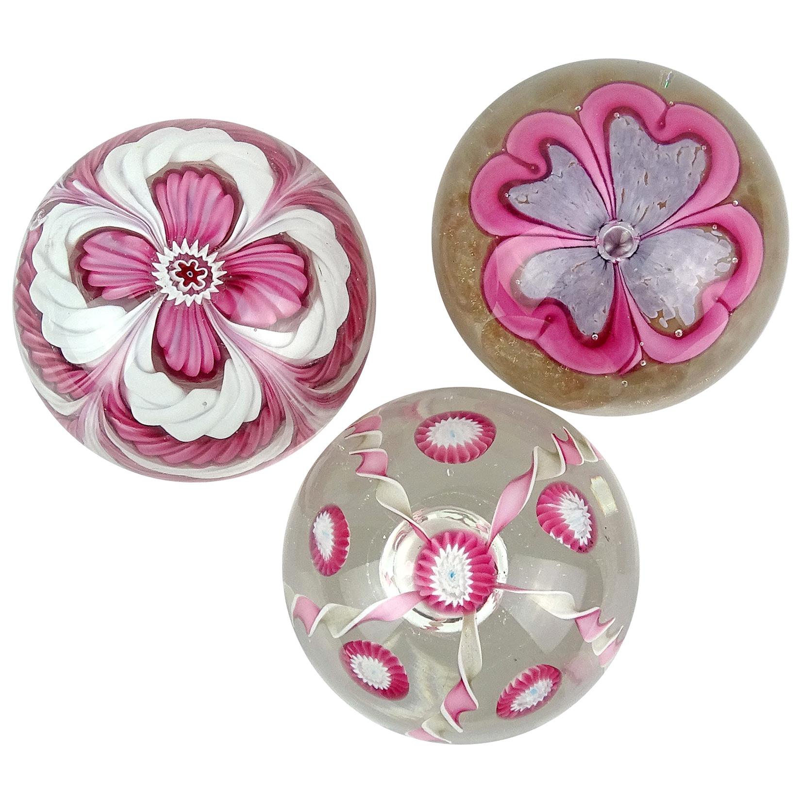 Fratelli Toso Murano Pink Flower Ribbons Italian Art Glass Paperweights
