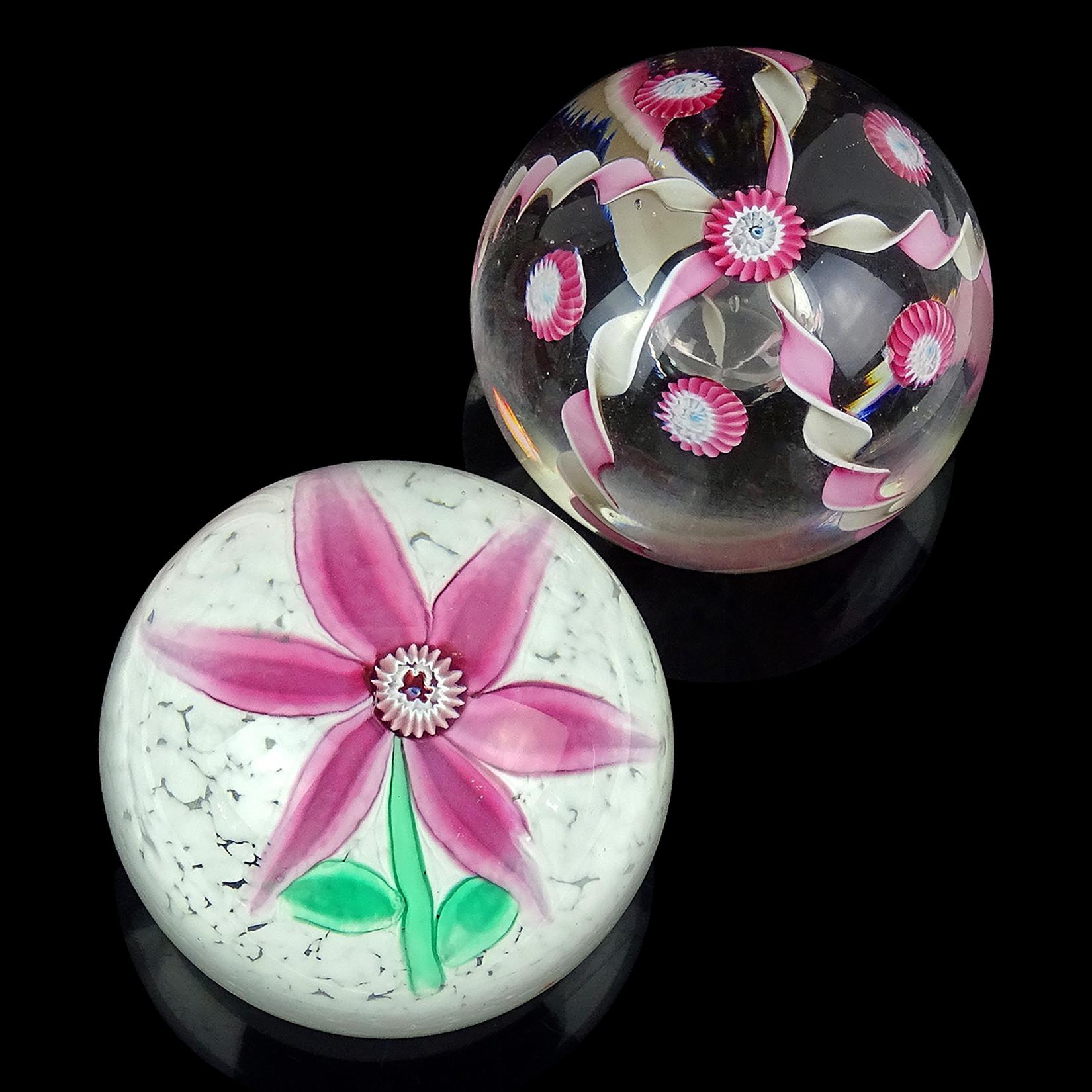 Mid-Century Modern Fratelli Toso Murano Pink Flower Ribbons Italian Art Glass Vintage Paperweights