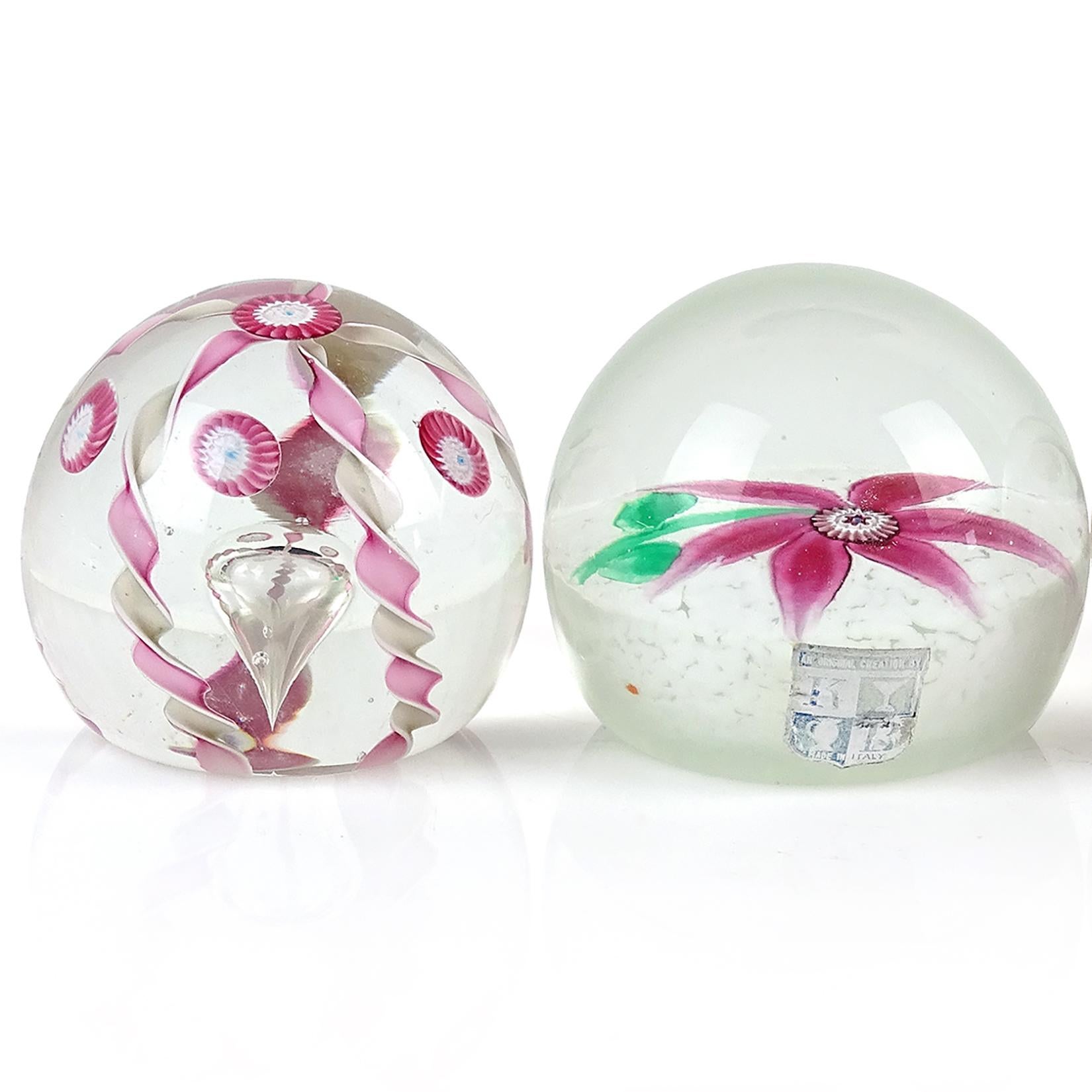 Hand-Crafted Fratelli Toso Murano Pink Flower Ribbons Italian Art Glass Vintage Paperweights