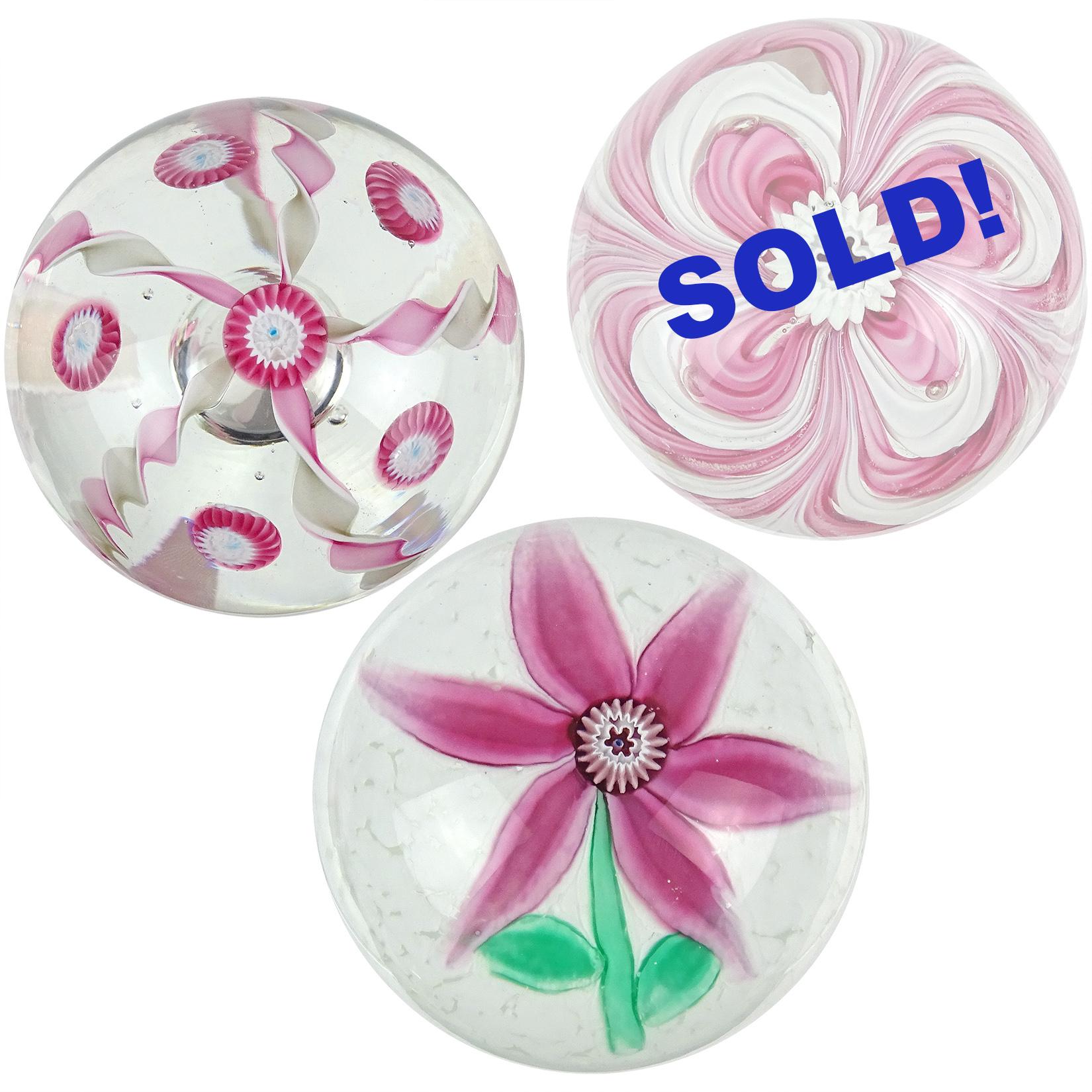 Priced per item (2 designs still available, as shown). Beautiful vintage Murano hand blown Italian art glass paperweights. Documented to the Fratelli Toso company. The first is a 