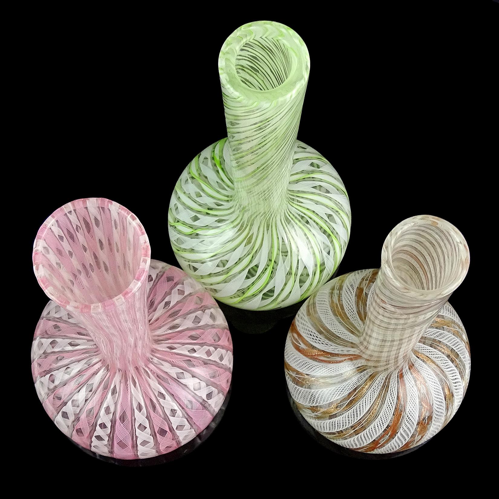 Mid-Century Modern Fratelli Toso Murano Pink Green Copper Italian Art Glass Specimen Flower Vases