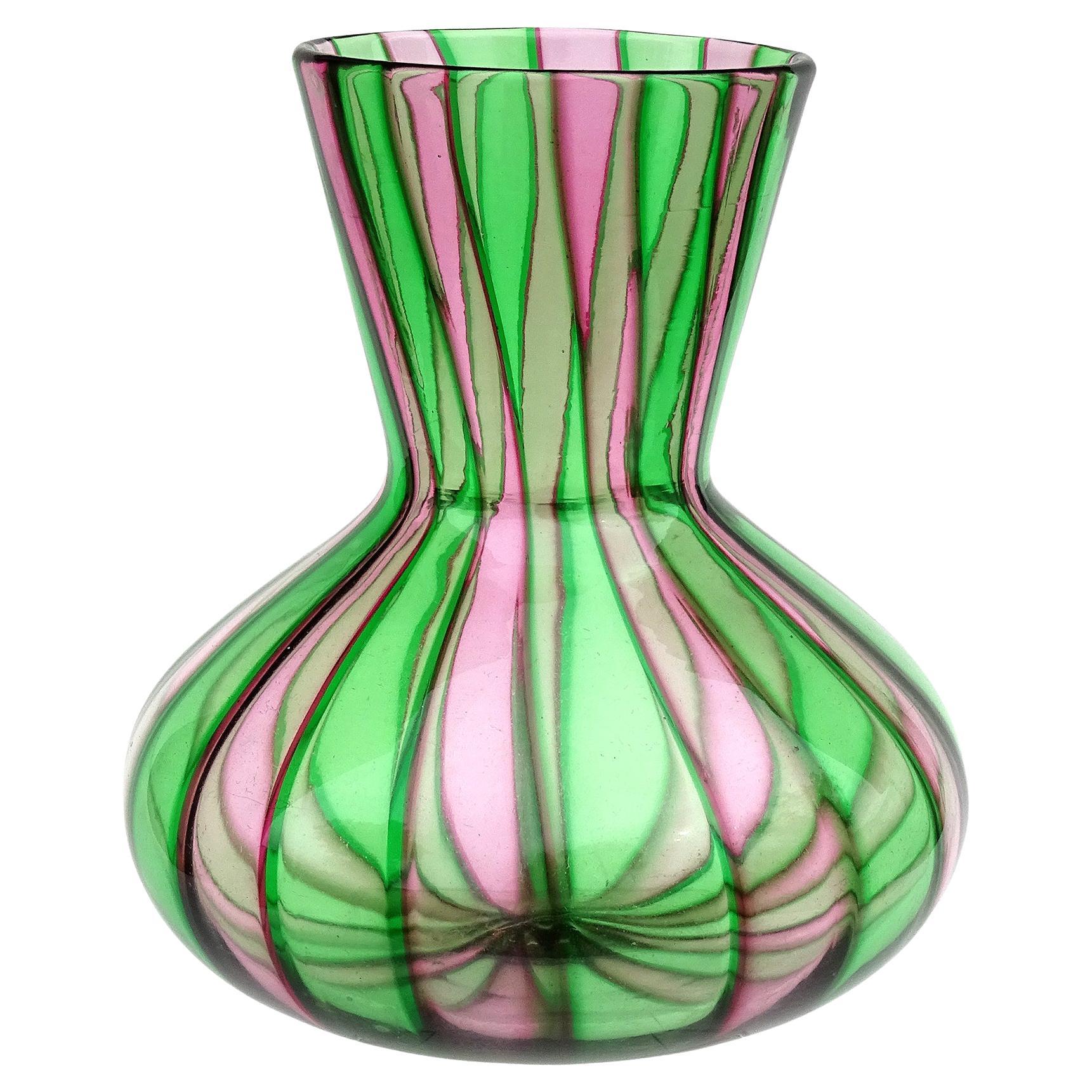 Fratelli Toso Murano Pink Green Stripes Vintage Italian Art Glass Flower Vase