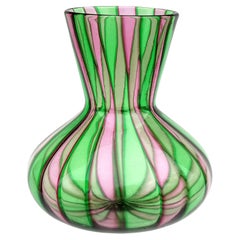Fratelli Toso Murano Pink Green Stripes Vintage Italian Art Glass Flower Vase
