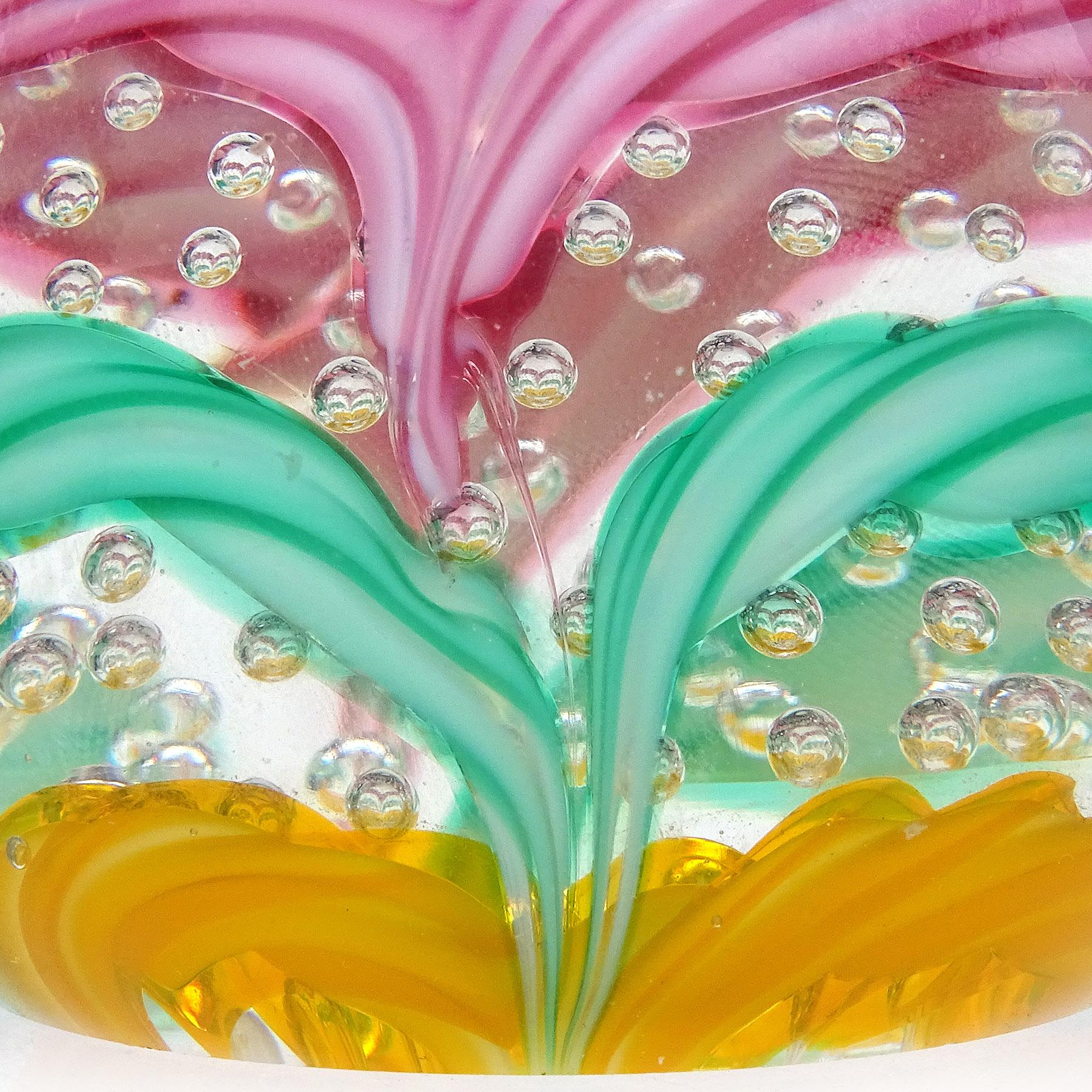 Hand-Crafted Fratelli Toso Murano Pink Green Yellow Blue Italian Art Glass Crown Paperweight