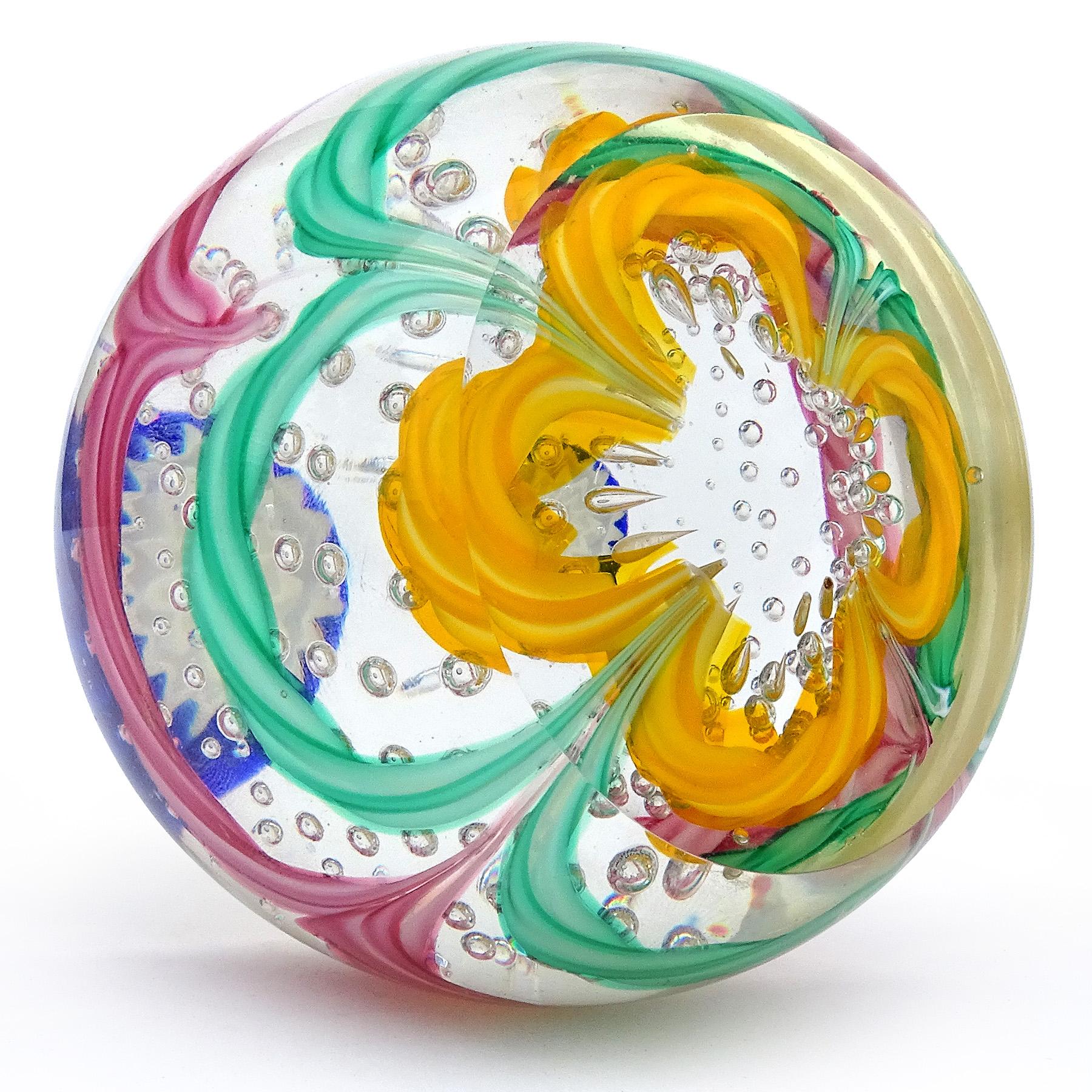 Fratelli Toso Murano Pink Green Yellow Blue Italian Art Glass Crown Paperweight In Good Condition In Kissimmee, FL