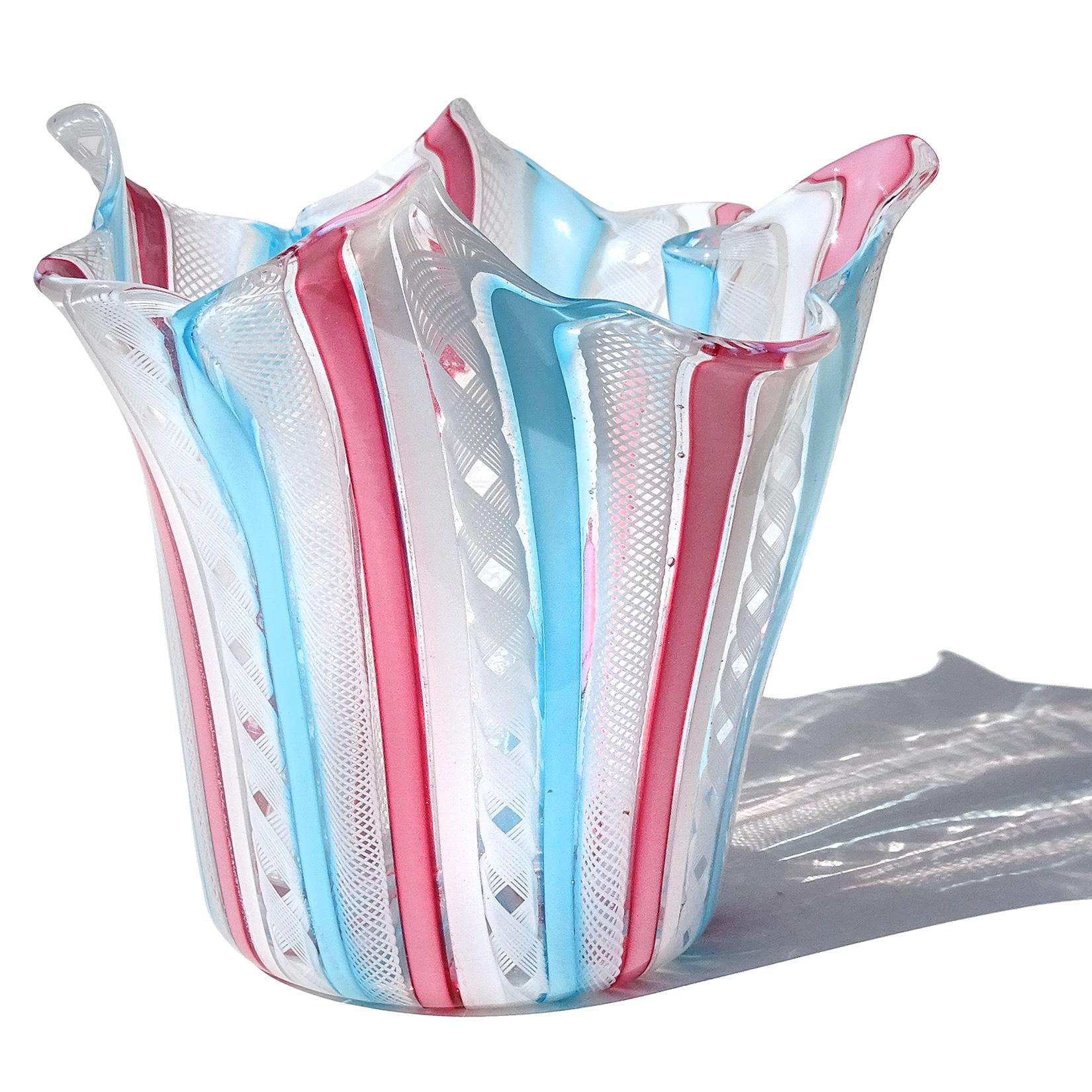 Gorgeous vintage Murano hand blown pink, sky blue, and white ribbons Italian art glass handkerchief / fazzoletto vase. Documented to the Fratelli Toso company. Made with pink, blue and white 