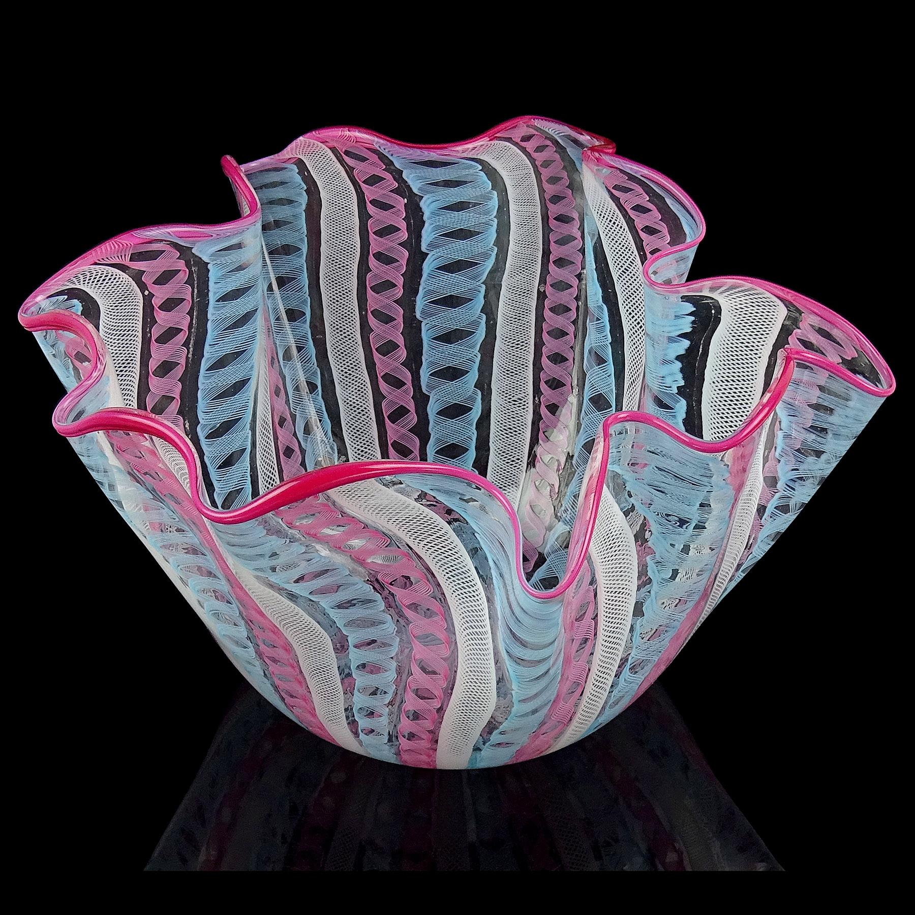 Gorgeous, and large, vintage Murano hand blown pink, sky blue, and white ribbons Italian art glass handkerchief / fazzoletto vase centerpiece. Documented to the Fratelli Toso company, with similars published in his book. The vase has 3 different