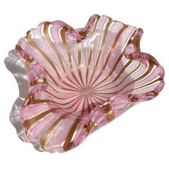 Fratelli Toso Murano Pink White Copper Aventurine Ribbons Italian Art Glass Bowl