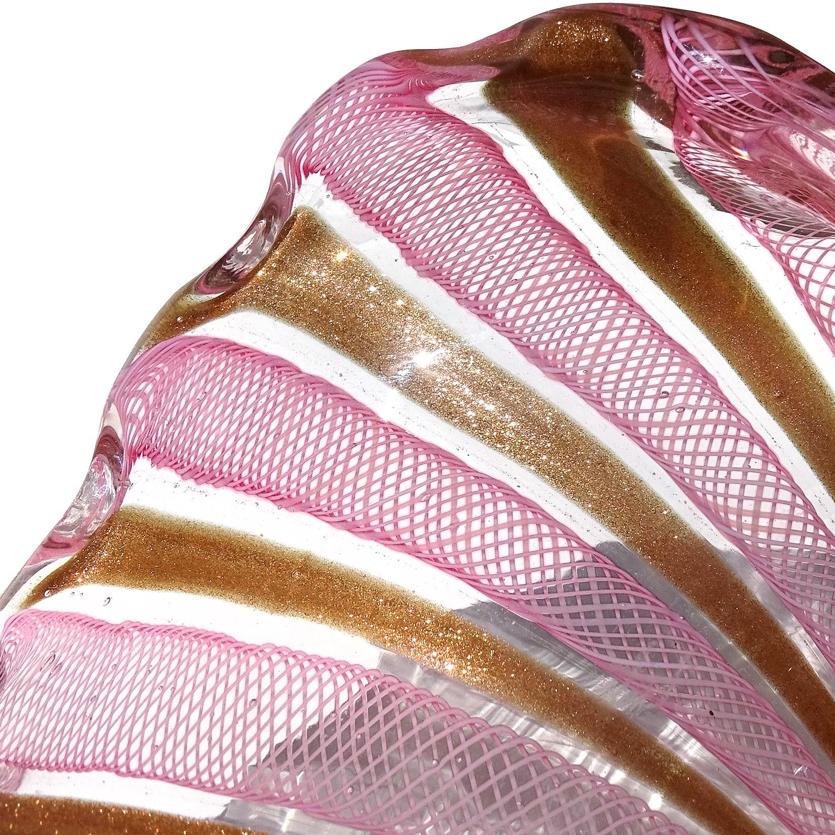 Schale aus italienischem Muranoglas mit Aventurinbändern von Fratelli Toso in Rosa-Weiß aus Kupfer (Moderne der Mitte des Jahrhunderts) im Angebot