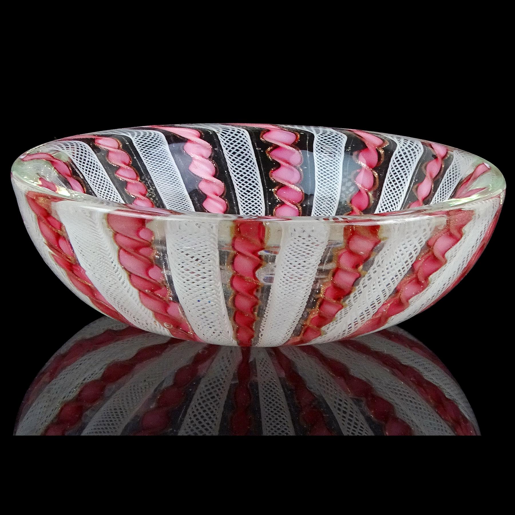 Hand-Crafted Fratelli Toso Murano Pink White Copper Aventurine Ribbons Italian Art Glass Bowl For Sale