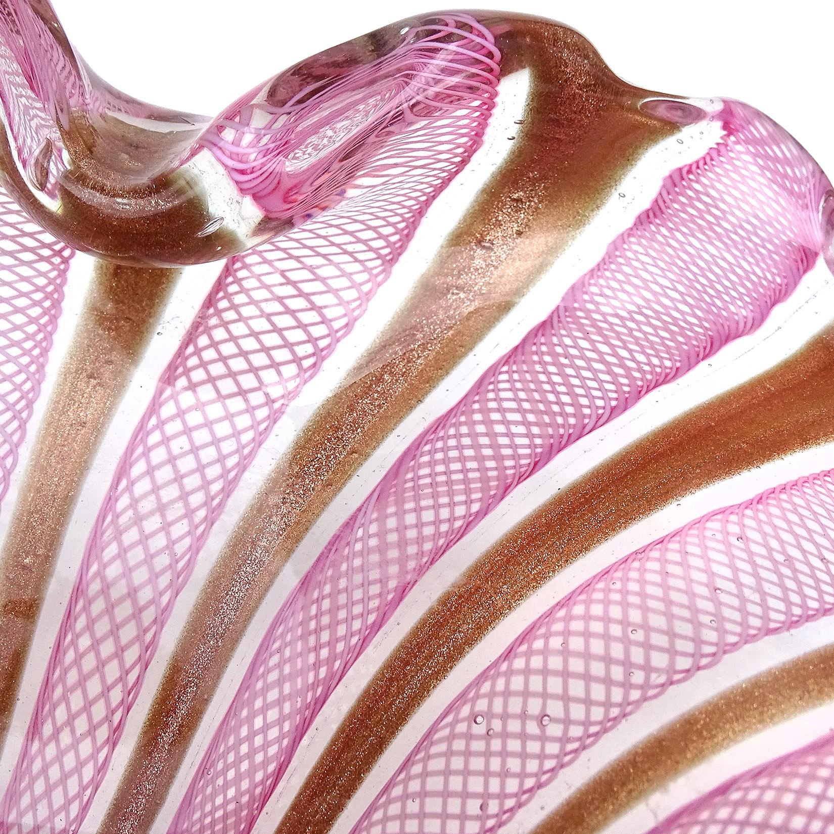 Schale aus italienischem Muranoglas mit Aventurinbändern von Fratelli Toso in Rosa-Weiß aus Kupfer (Handgefertigt) im Angebot